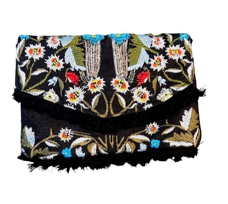 Sam Edelman Cait Flap Clutch Floral Embroidered Black Chain Strap Frayed Detail