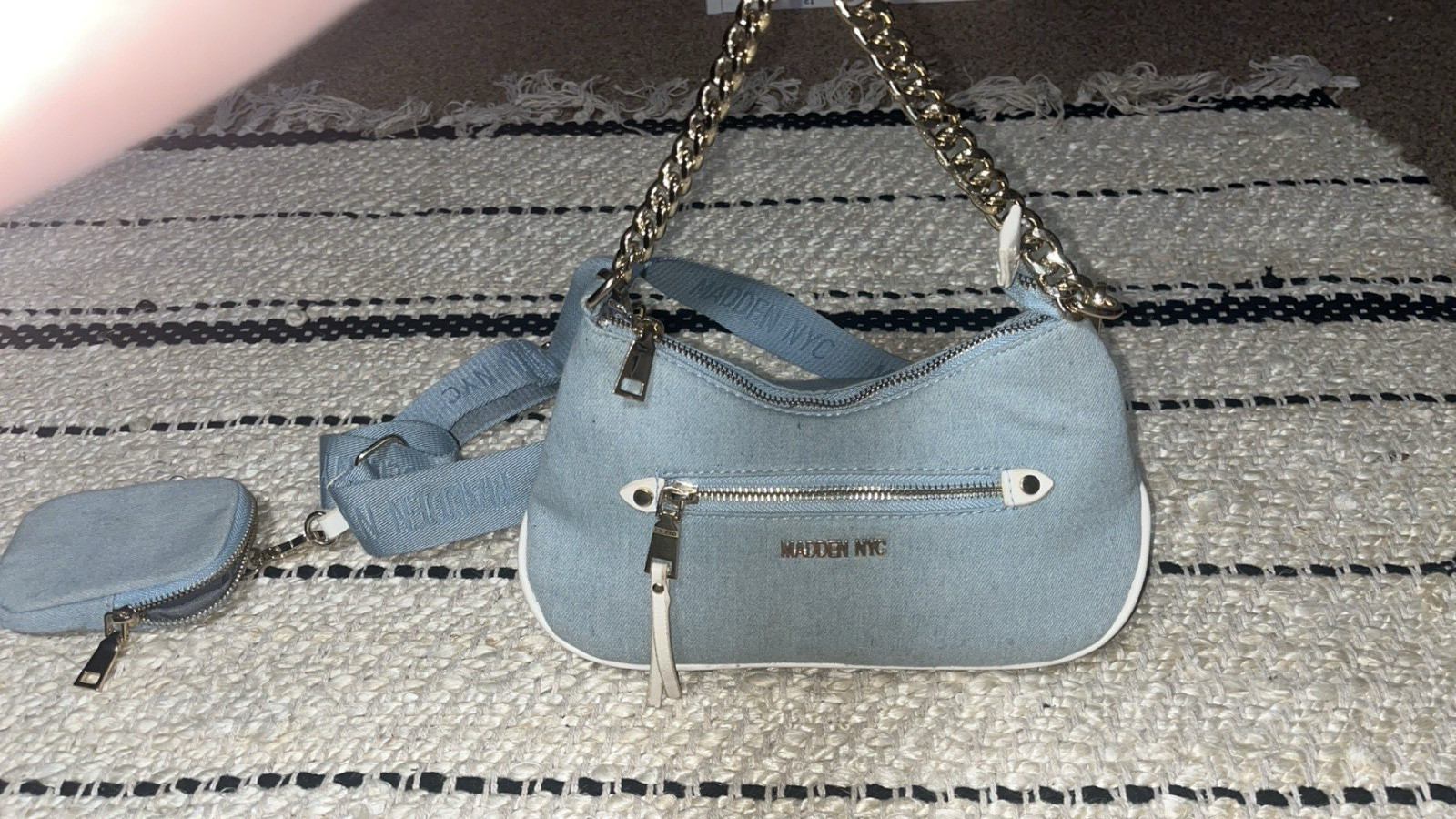 MADDEN NYC Light Blue Crescent Crossbody Bag Chain Strap Zip w Matching Pouch