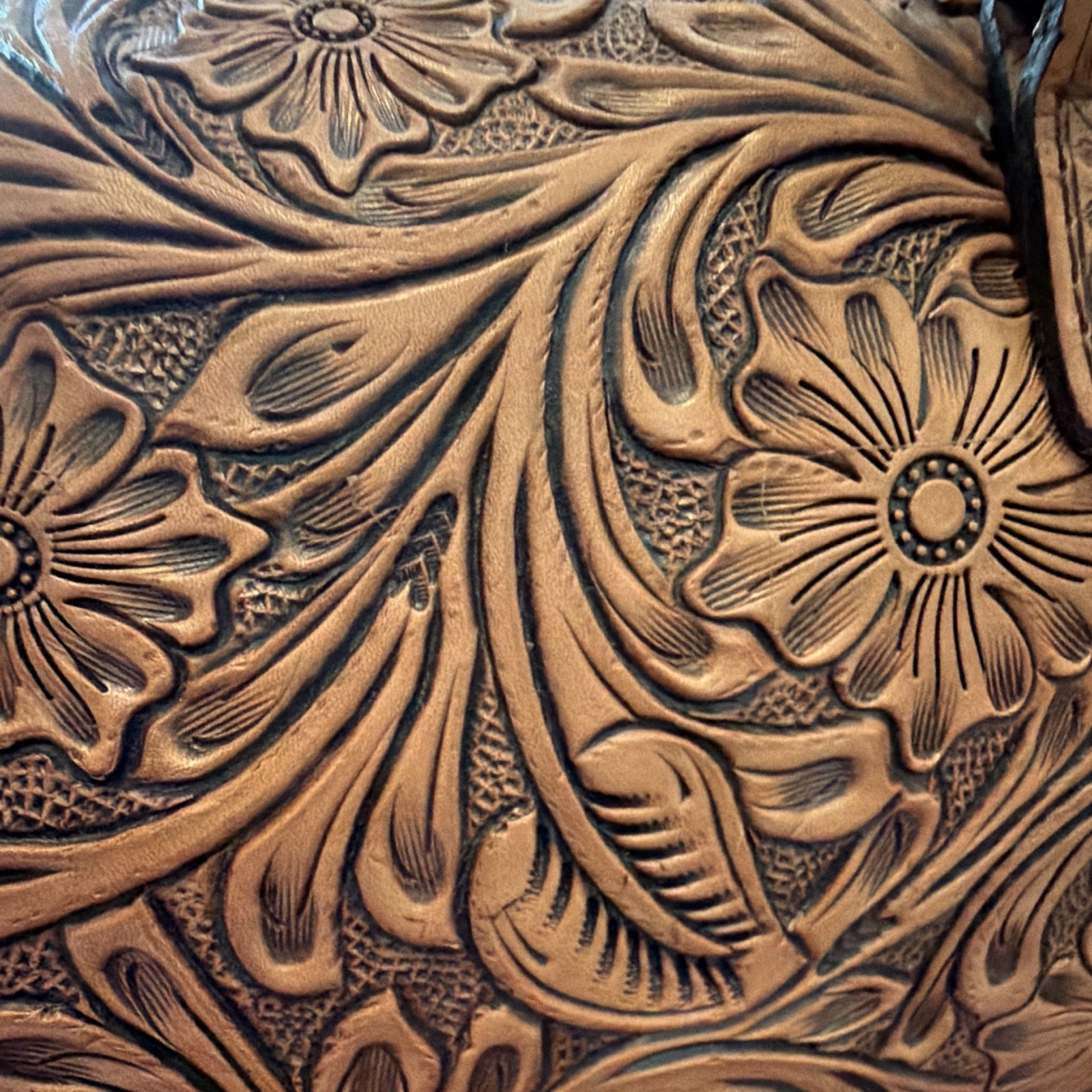 Tooled Floral Western Satchel Top Handle Zip Brown Detach Strap Thunderbird