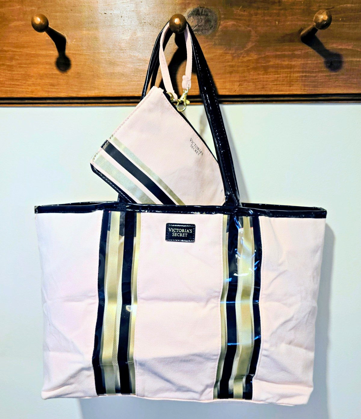Victoria’s Secret Pink Striped Women’s Tote Double Handles Open Top, Zip Pouch