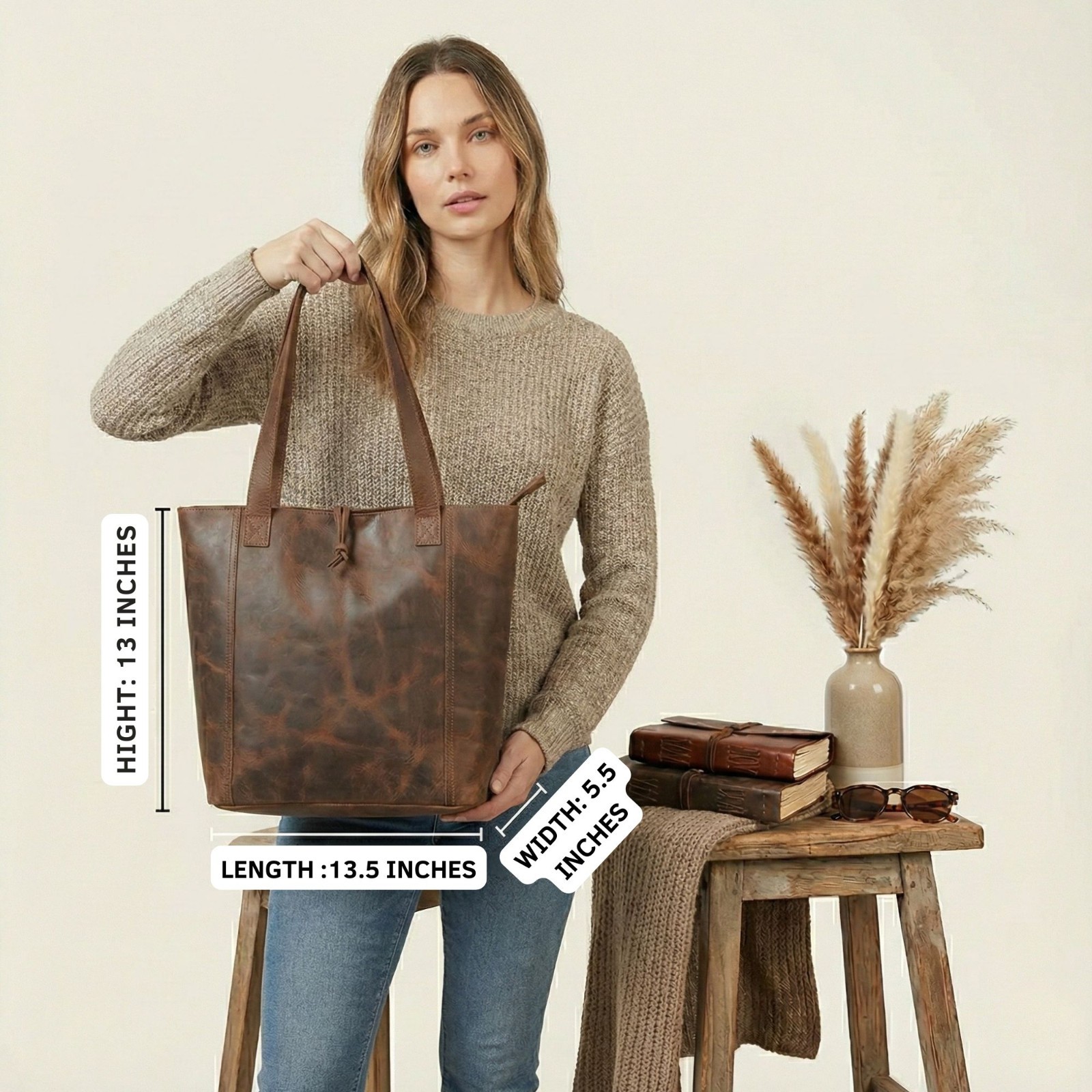 Genuine Leather Women Tote Large Shoulder Handbag Work Purse Brown Shopper bag