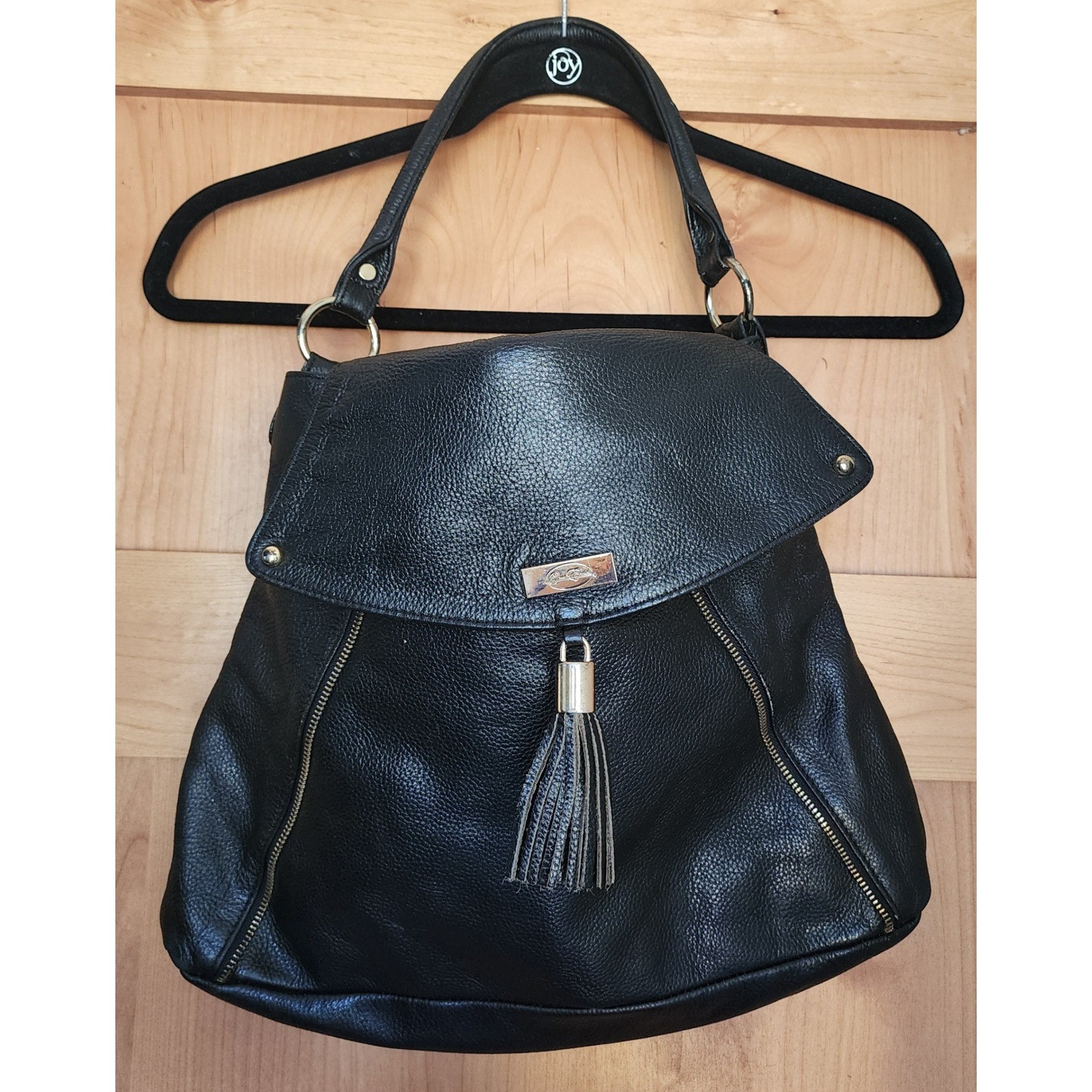 Onna Ehrlich Black Pebbled Leather Tassel Hobo Shoulder Bag Purse Quiet Luxury