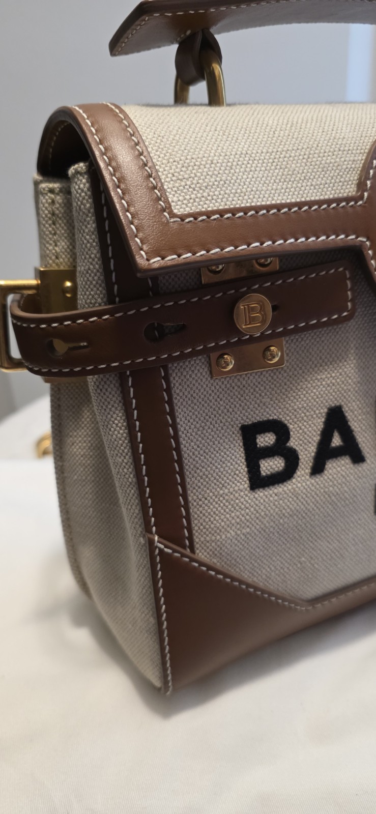 Balmain B Buzz Natural Brown Canvas Leather Shoulder Bag