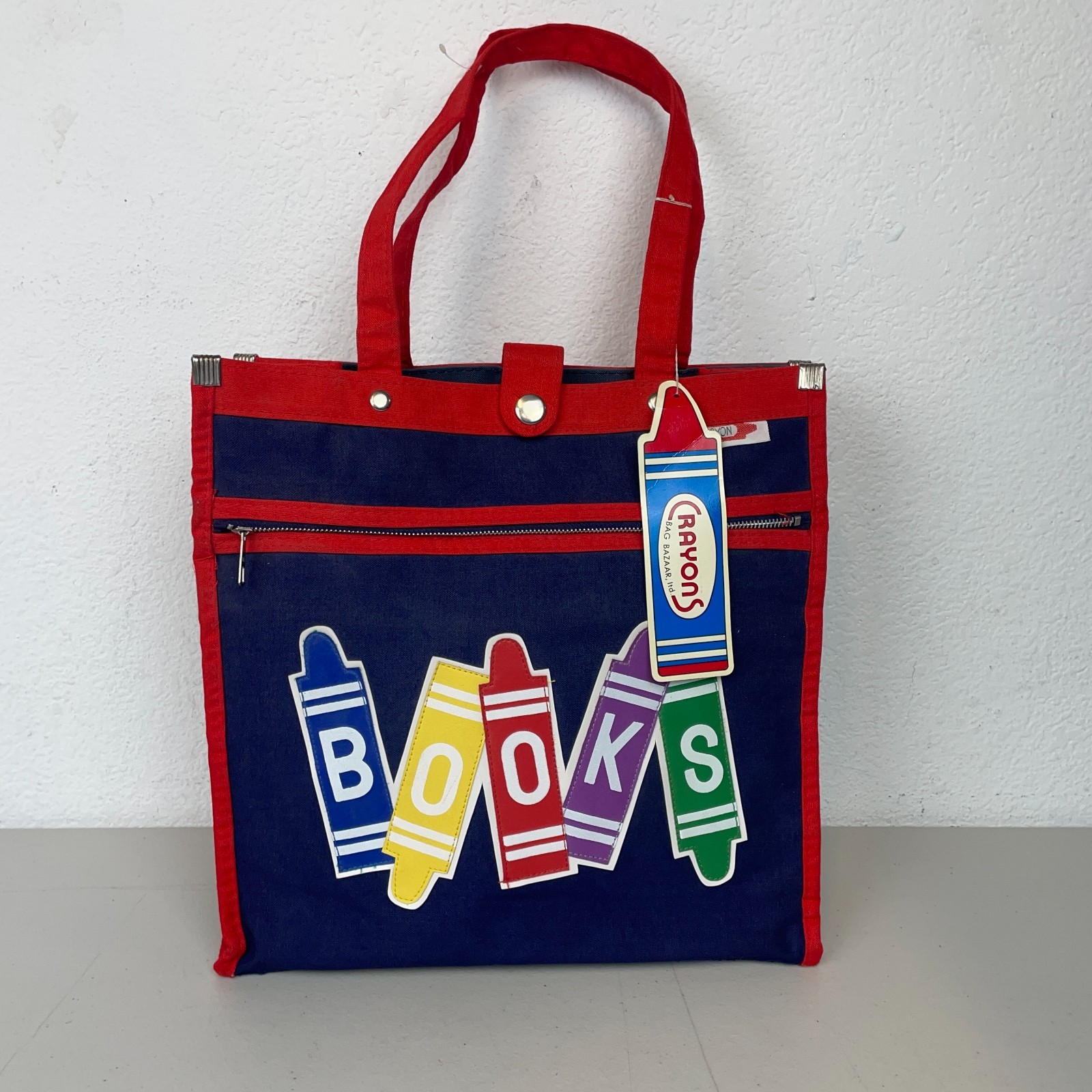 Vintage Crayons Tote Bag Blue Red Books 90s Zipper Pockets Coin Purse School New