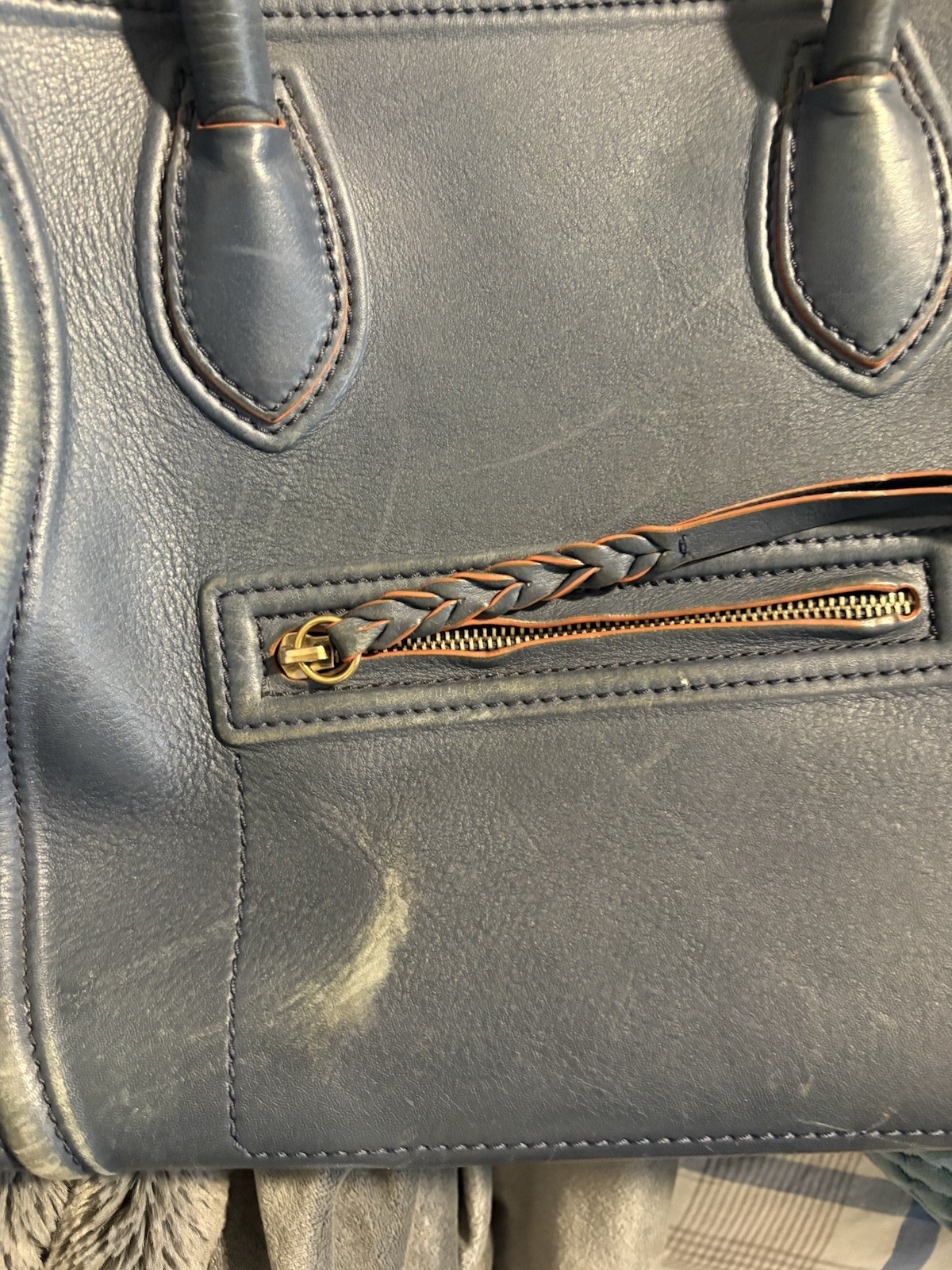 Celine Phantom Tote Bag Navy Blue Leather with Orange Piping Vintage Authentic