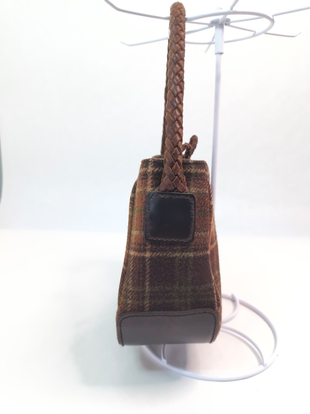 Lauren Ralph Lauren Wool Blend Plaid Hobo Shoulder Bag Braided Leather Handle EX