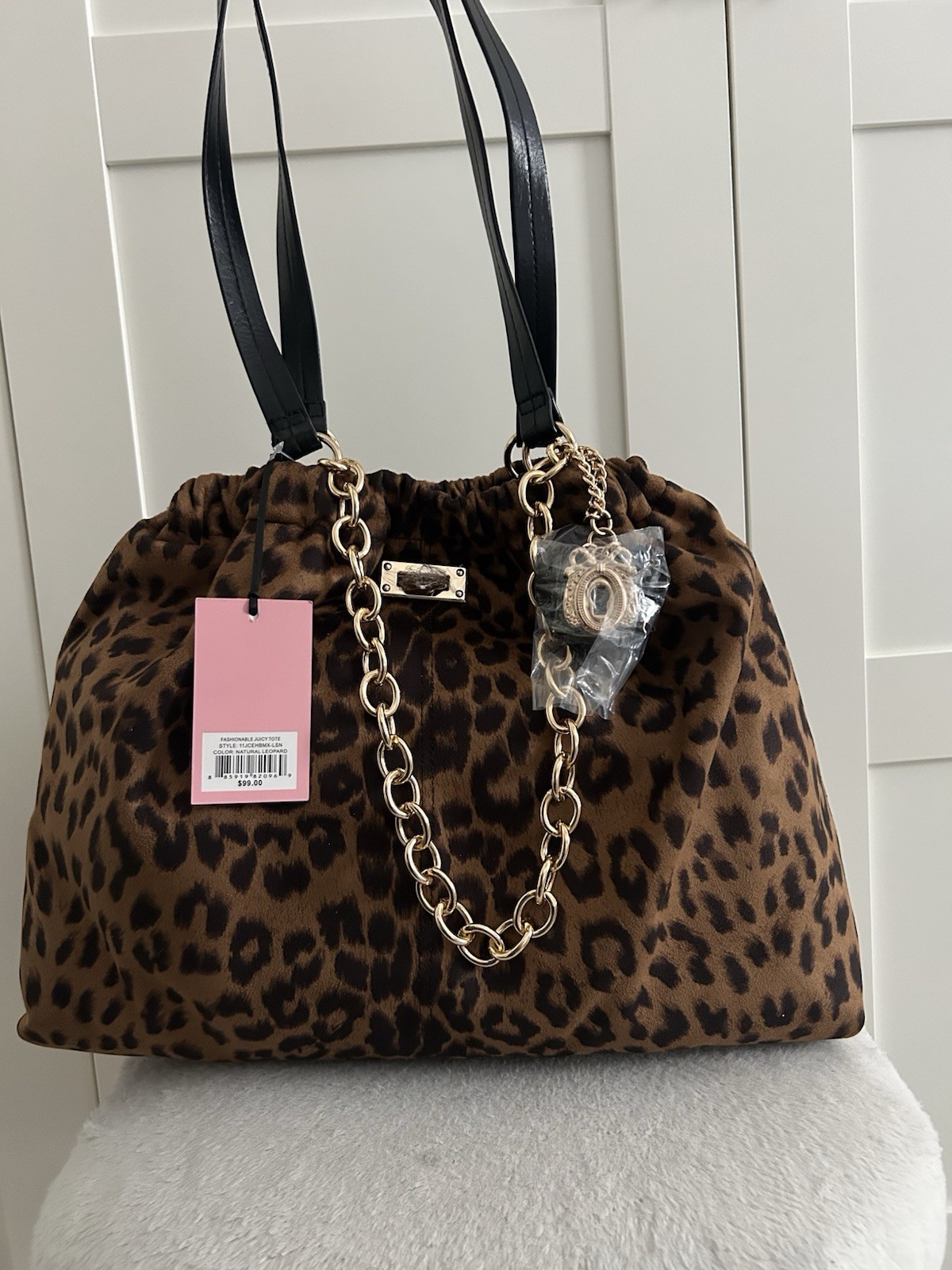 Juicy Couture Leopard Animal Print Tote Bag, Drawstring, Chain, Heart Charm