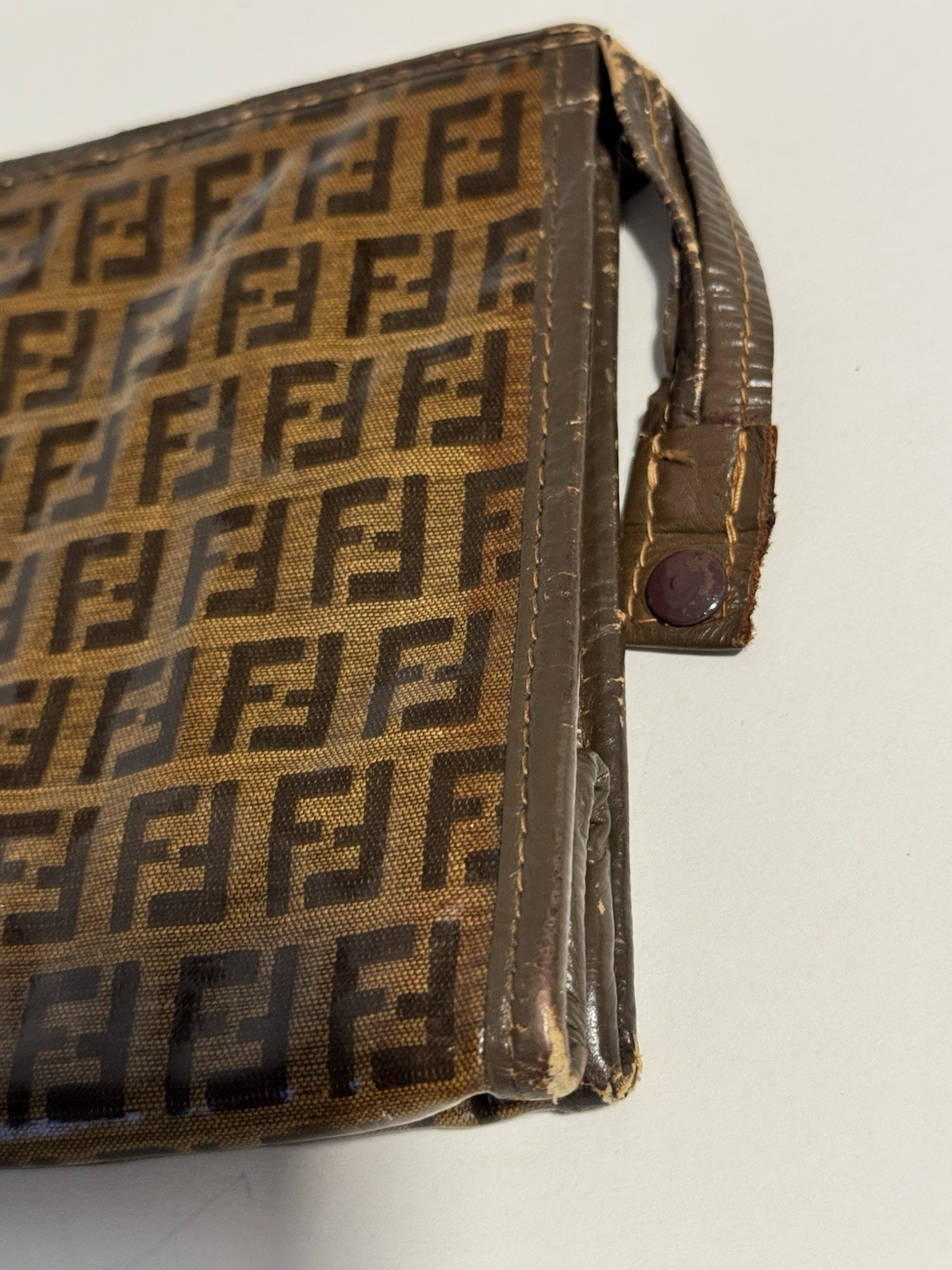 Fendi Zucca FF Logo Monogram Brown Canvas w/ Leather Trim Large Pouch Clutch Bag