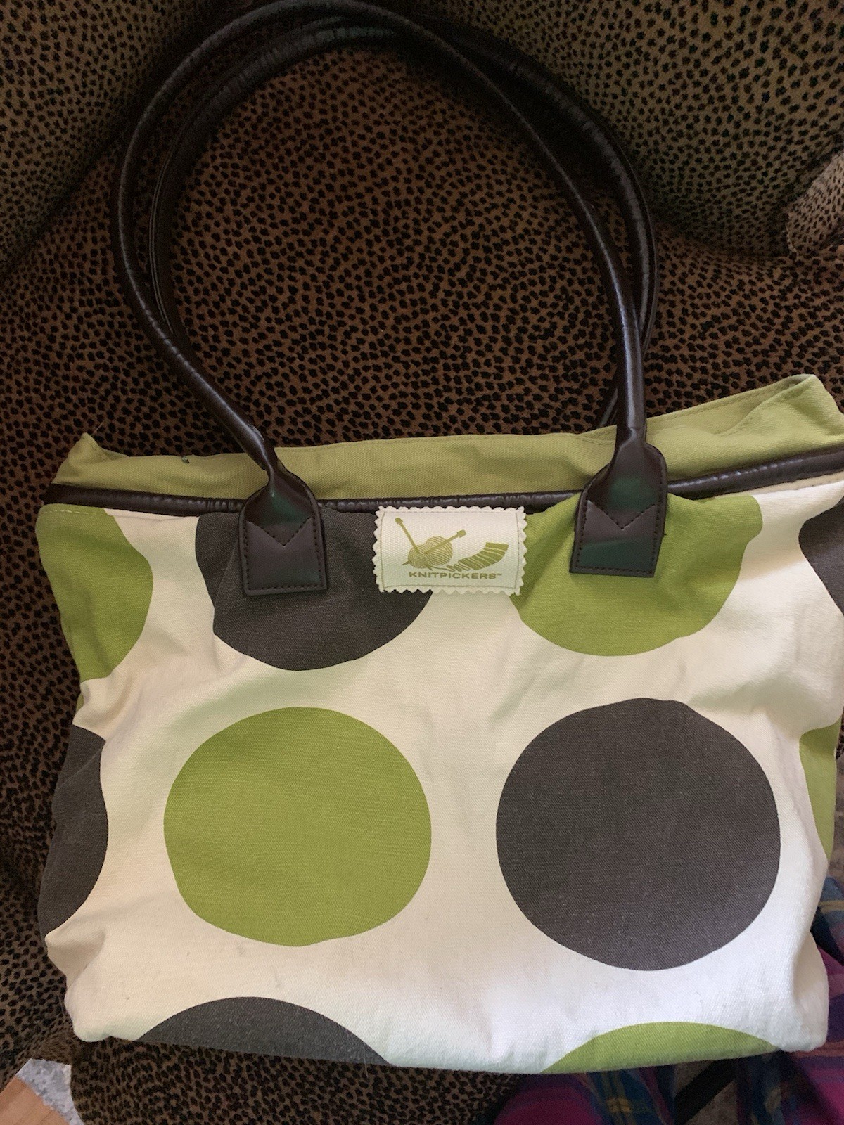 Knitting Bag Purse by Knitpickers, Green Polka Dot Brown ~ 13” X 13”