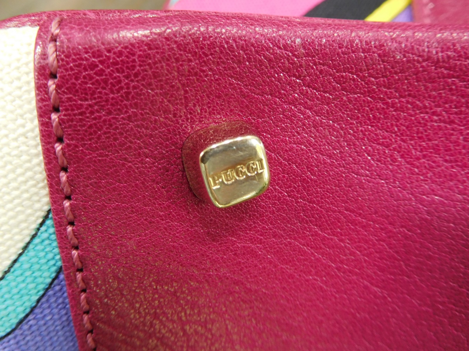 EMILIO PUCCI Womens Handbag Leather Canvas Magenta Pink Multicolor-15×7.5×4.5 in