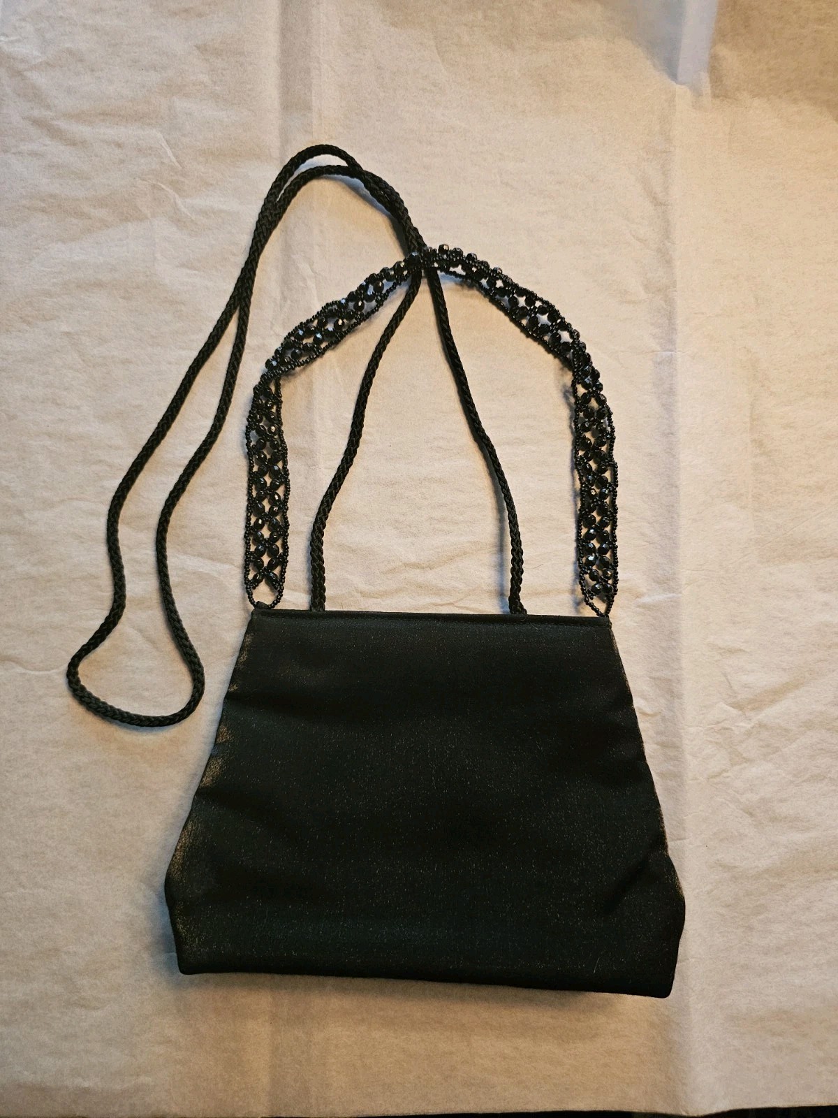 La Regale Black Evening Satin Sheen Bag With Beaded Strap and Long Strap