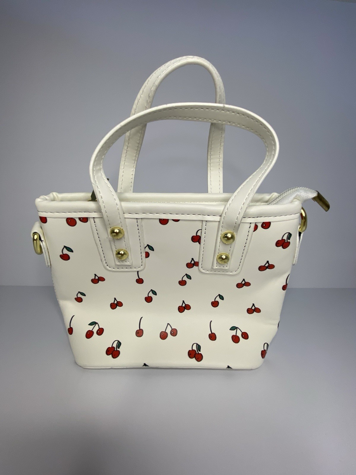 White Red Green Cherry Fruit Satchel Top Handle Rectangle Bag Gold Hardware