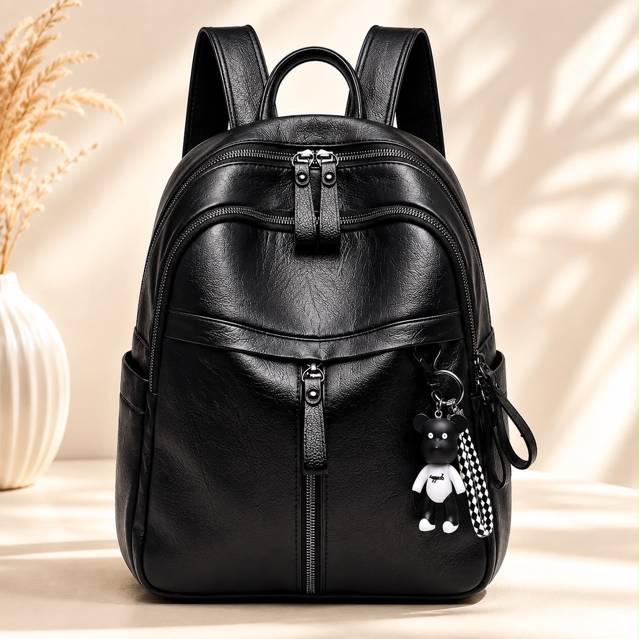 Luxury Women’s Leather Backpack – Waterproof Travel School Purse Black Handbag
