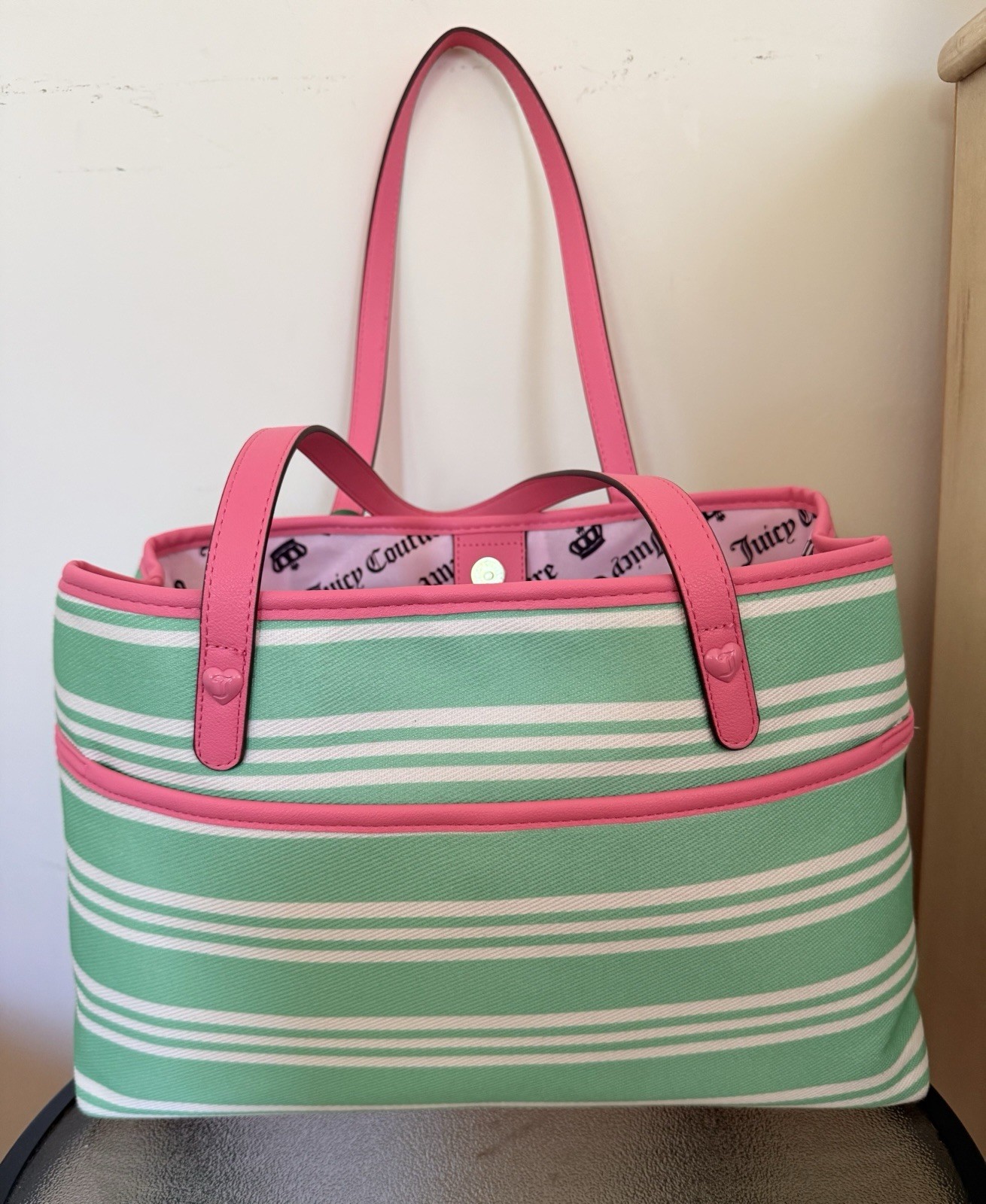 Juicy Couture Paradise Tote Bag Green White Striped Cherry Charm Canvas NWT