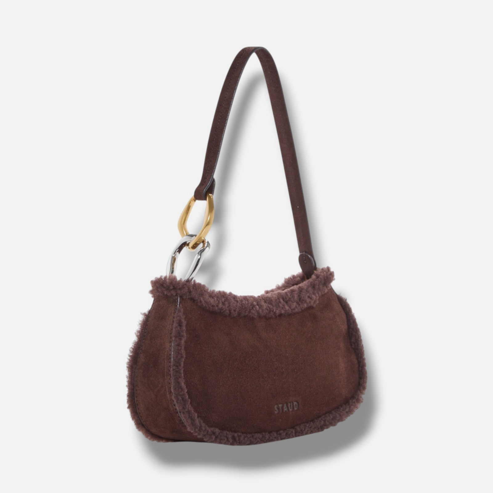 Staud Women’s Brown Leather-Suede Fur-Trim Solid Ollie Shoulder Bag