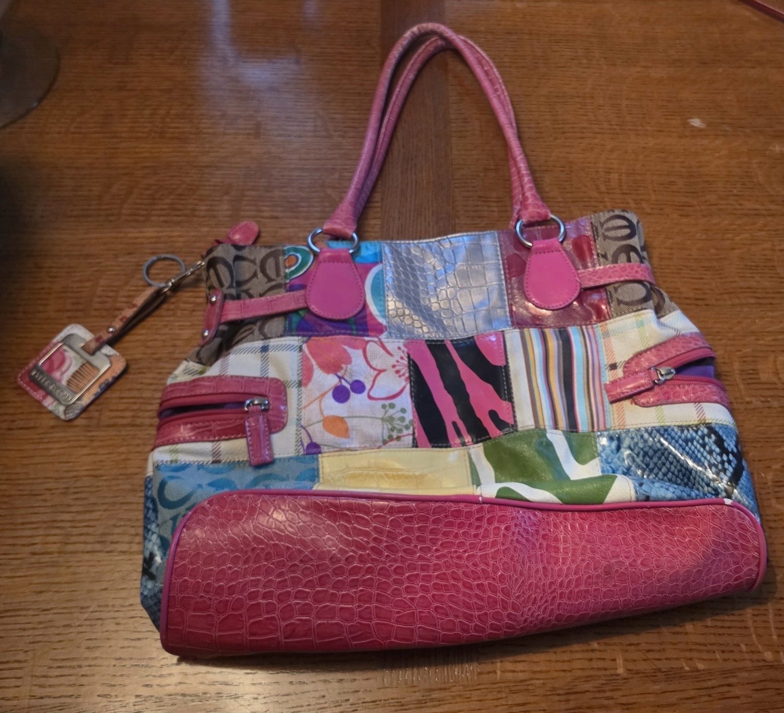 Women’s Multicolor Patchwork Satchel, Pink Double Handles, Zip, Bag Charm