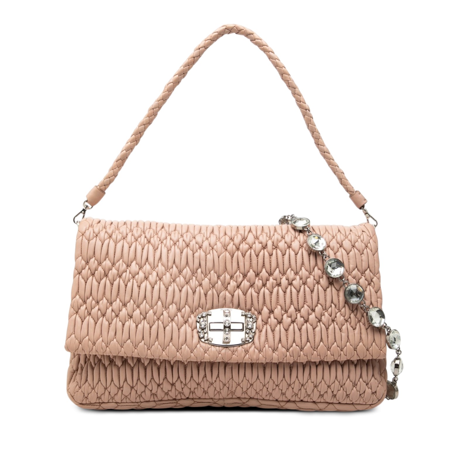 Miu Matelasse Nappa Crystal Chain Satchel Pre-Loved Nude