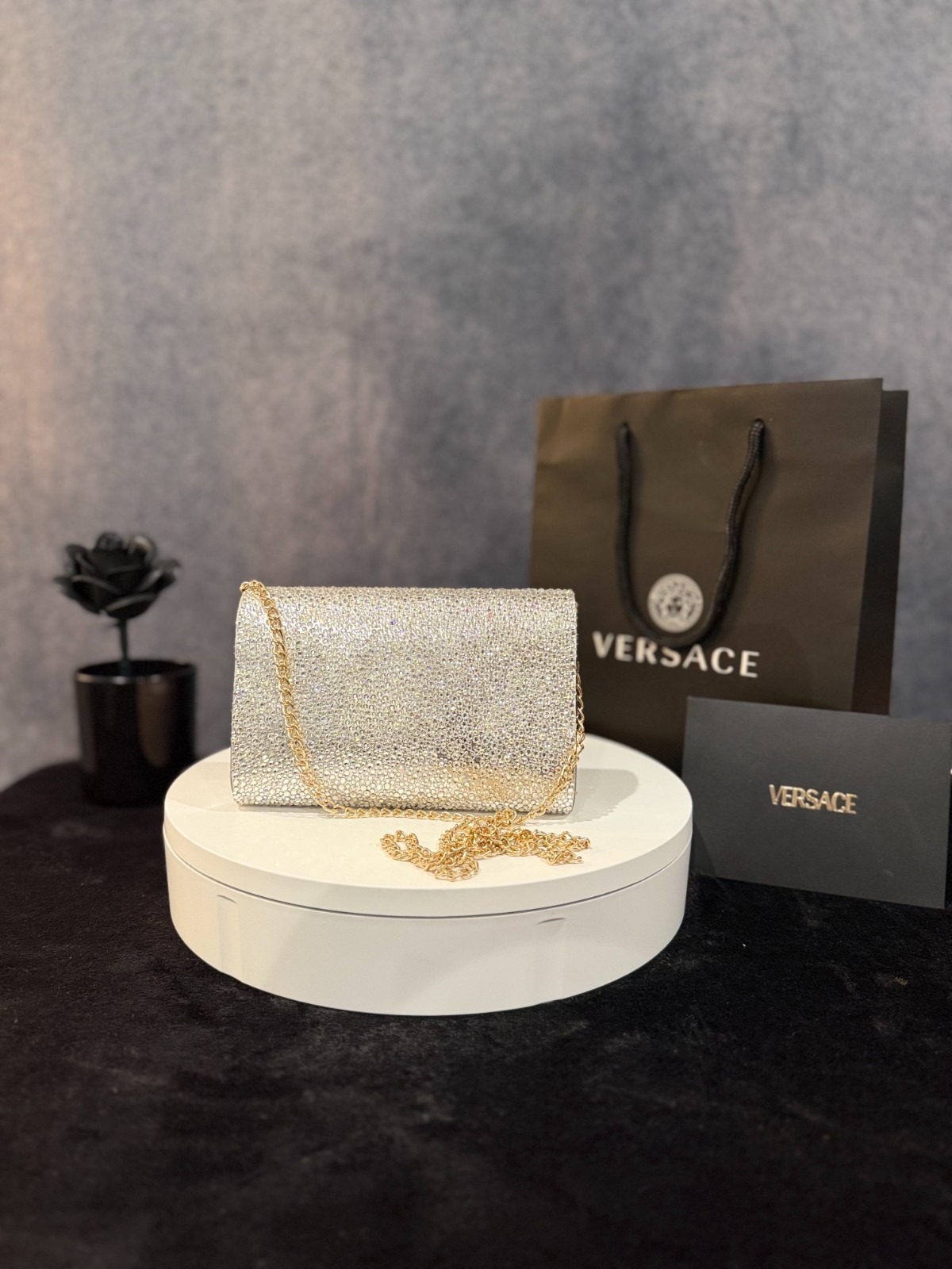 Authentic Versace La Medusa Crystal Mini Bag in silver with mixed metal hardware