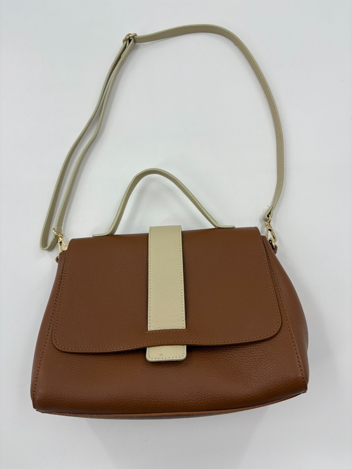 A. Bellucci Two-Tone Brown Beige Gen Leather Crossbody Bag Modern Made in Italy