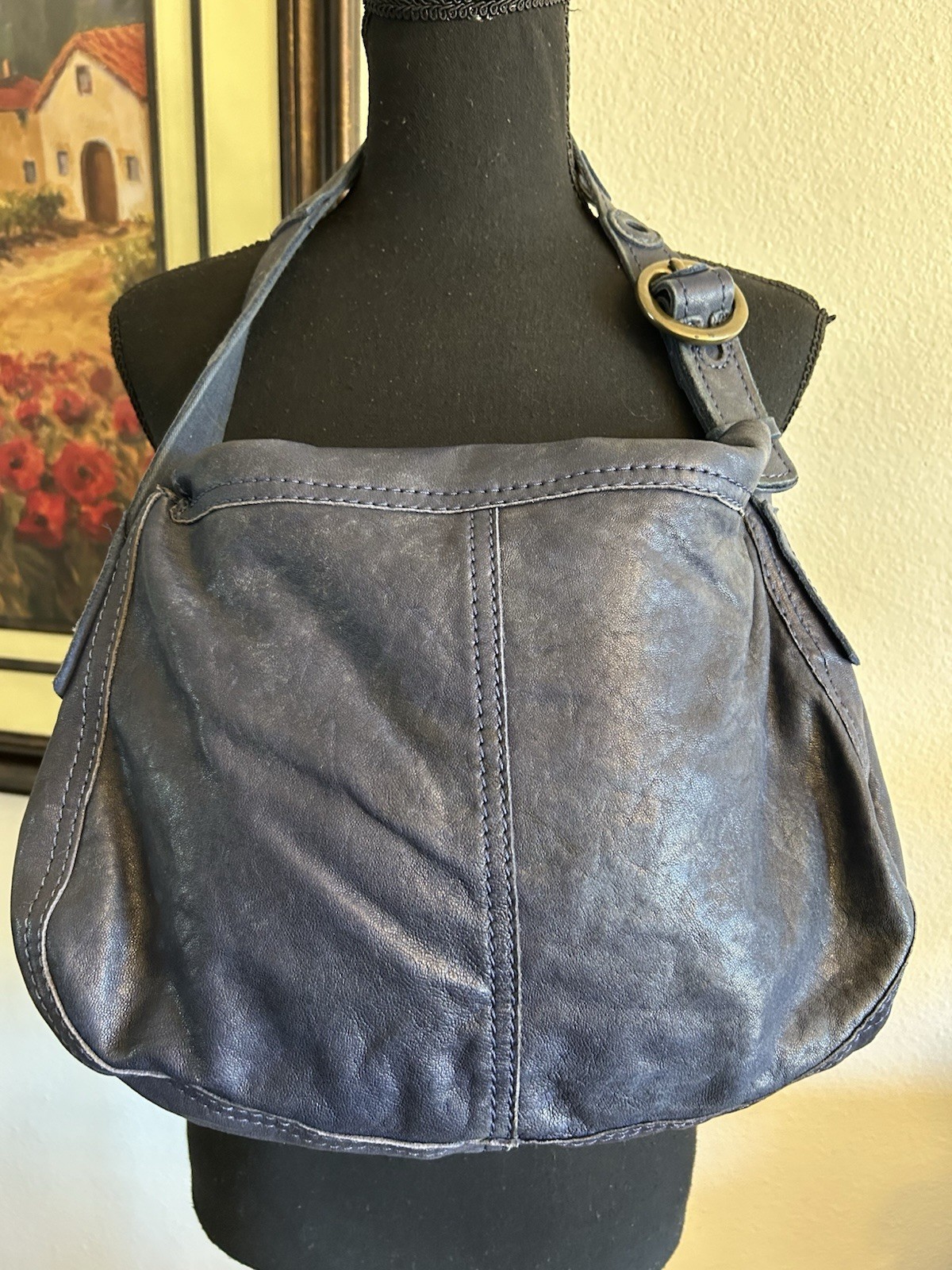 VTG Lucky Brand Y2K Dark Blue Lamb’s Leather Hobo Boho Hippie Purse EUC HTF
