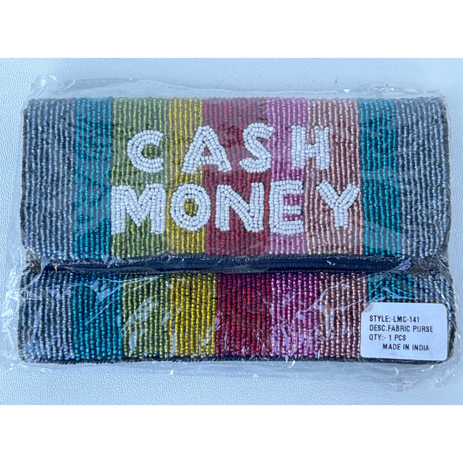 Beaded Canvas CASH MONEY Pouch Clutch Wallet Purse 7.5in x 4.75in New in Package