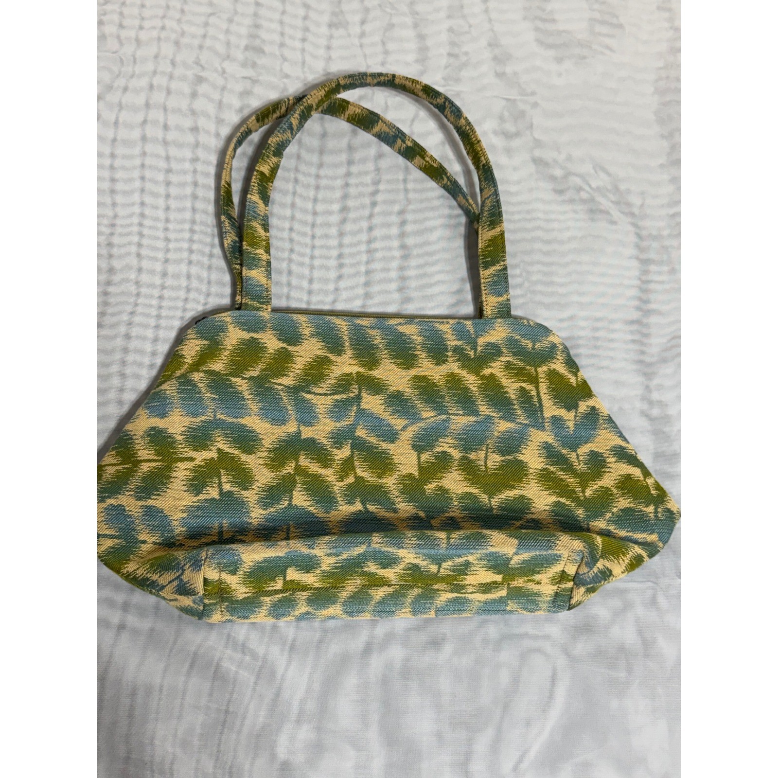 Maruca Handmade Boulder CO Jacquard Fabric Handbag Green Blue Leaf Print Zip Top