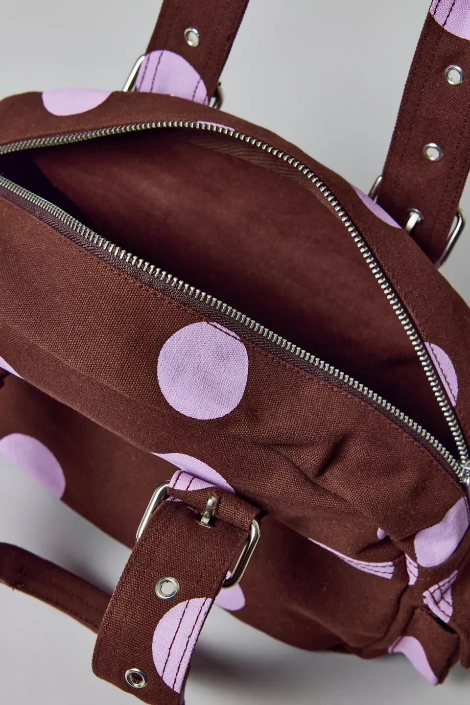 BDG Colored Denim Duffle Shoulder Bag Brown + Polka Dot