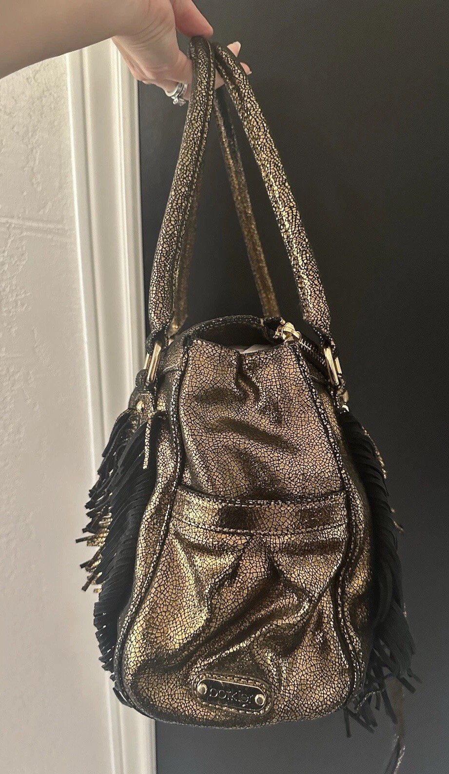 BOTKIER Gold Metallic Leather Trigger Front Flap Satchel Bag Handbag Purse