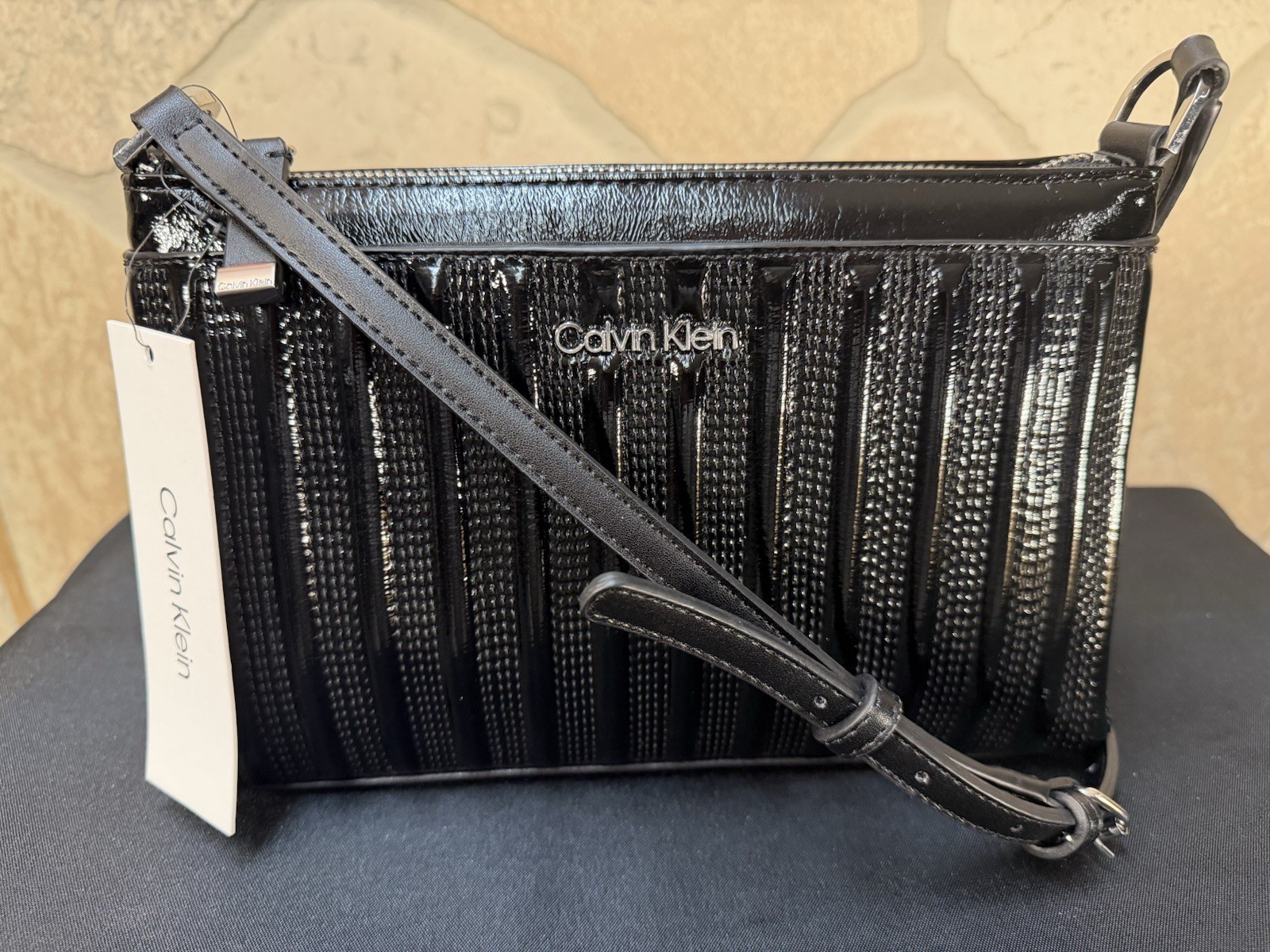 Calvin Klein Black Patent Piping Crossbody Bag Shoulder Bag NWT