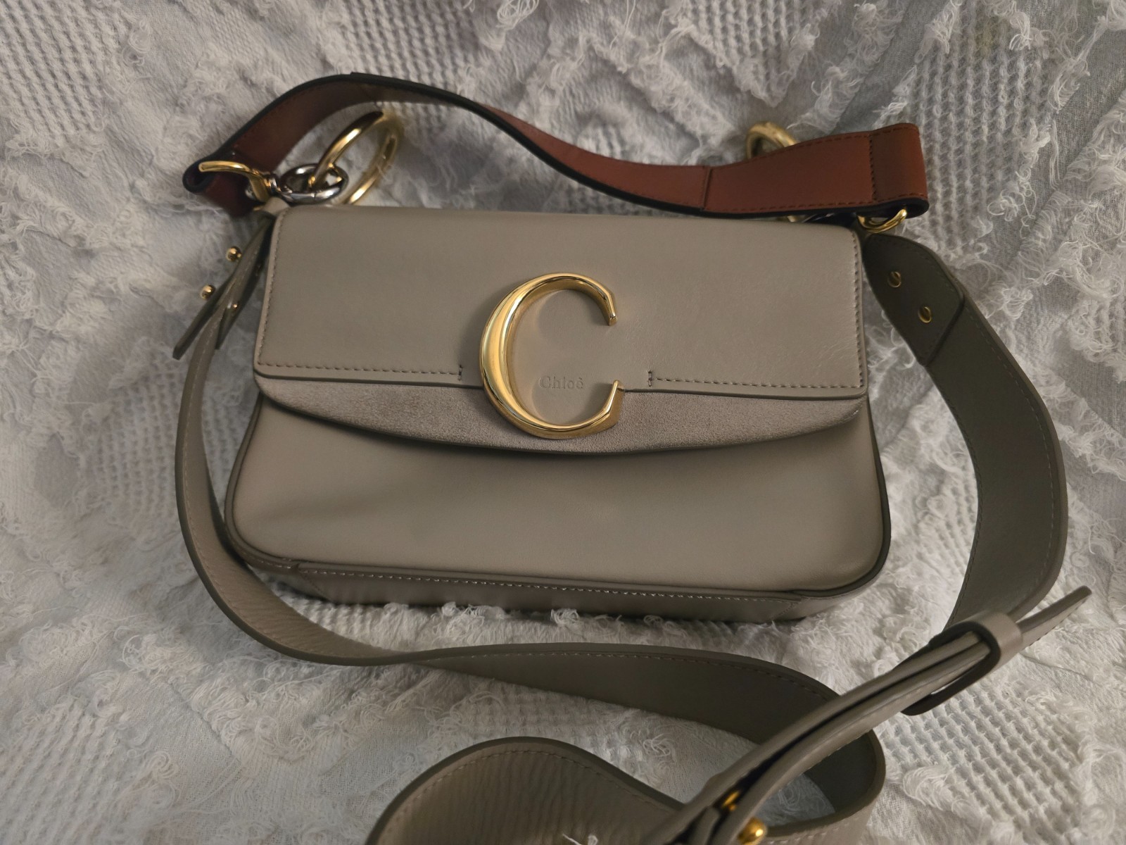 CHLOE Taupe Calfskin /Suede Small C Double Carry Authenticity paper included