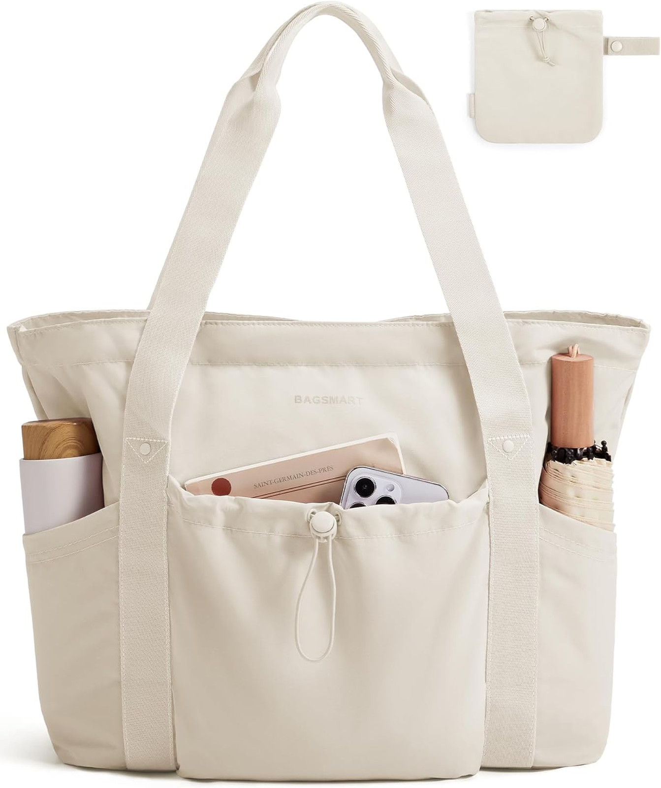 Foldable tote bag with drawstring, lightweight polyester travel handbag, 20L