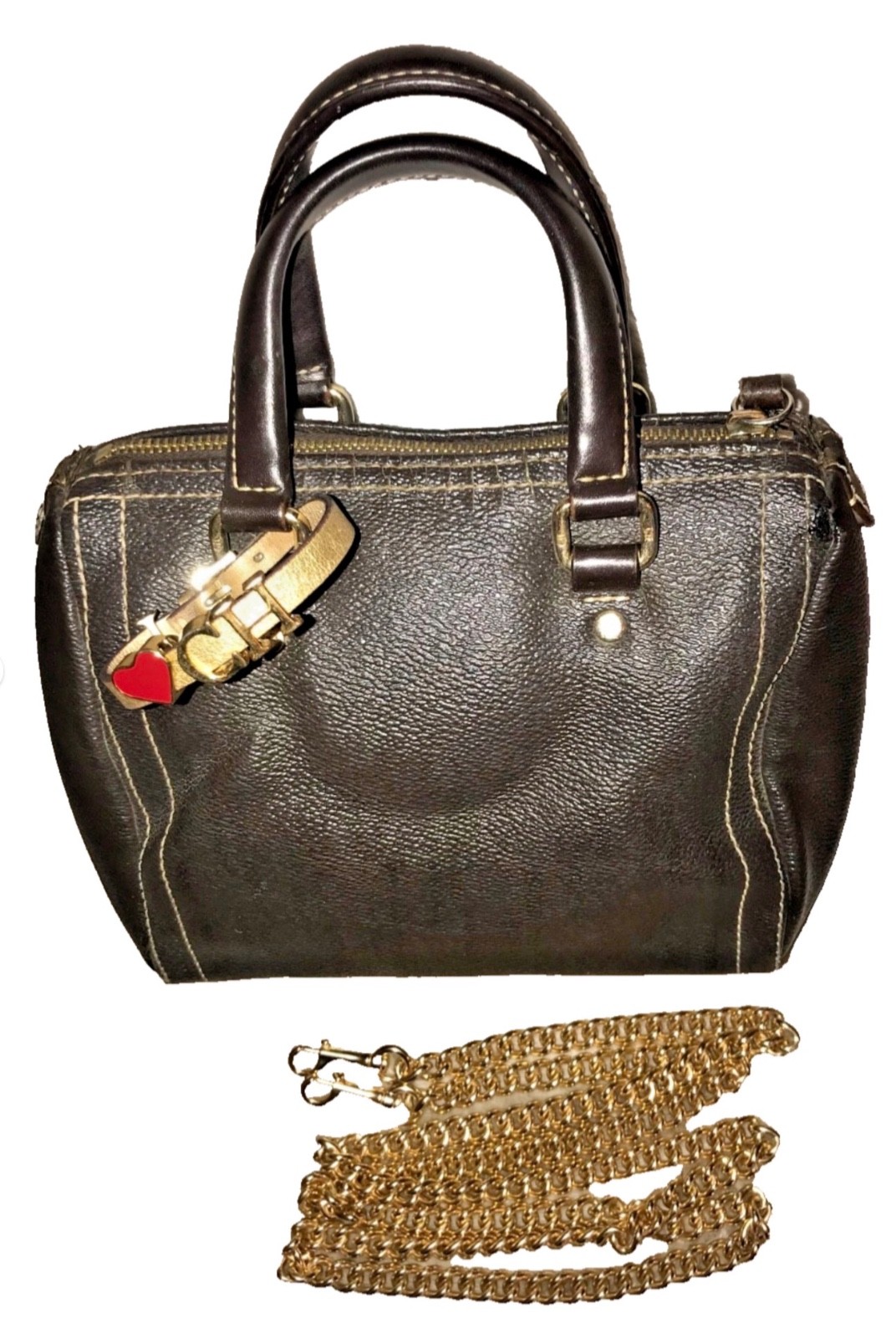 Carolina Herrera Brown Leather Top Handles Mini Andy Bag Gold Chain Long Strap