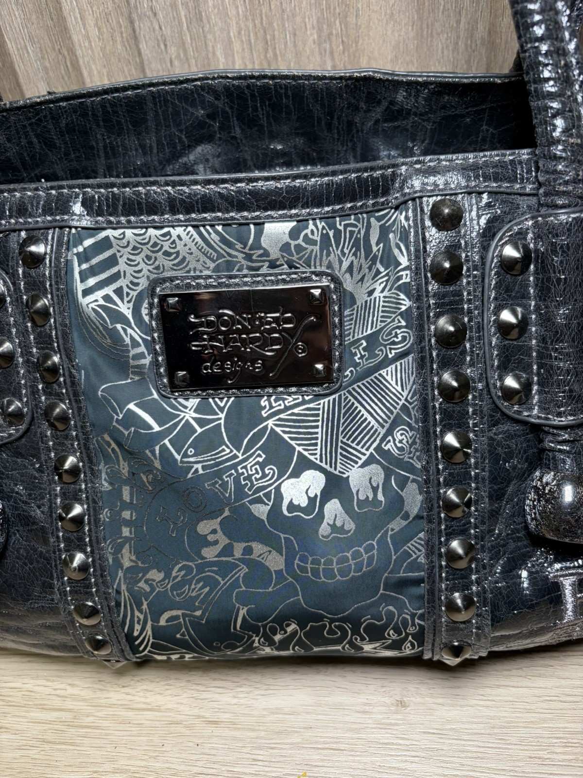 Ed Hardy Black Skull & Logo Embossed Satchel Bag Biker~Y2K~ Skulls