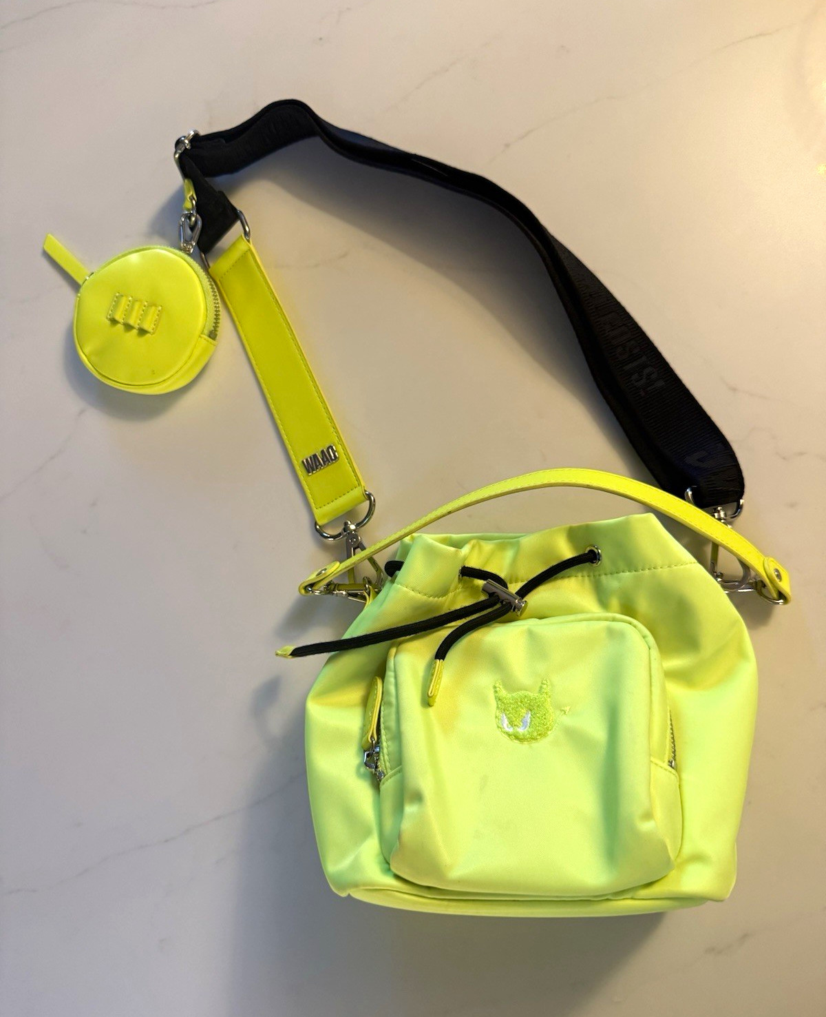 WAAC Yellow Crossbody Bucket Bag w/ Drawstring & Zip Closure, Coin Purse