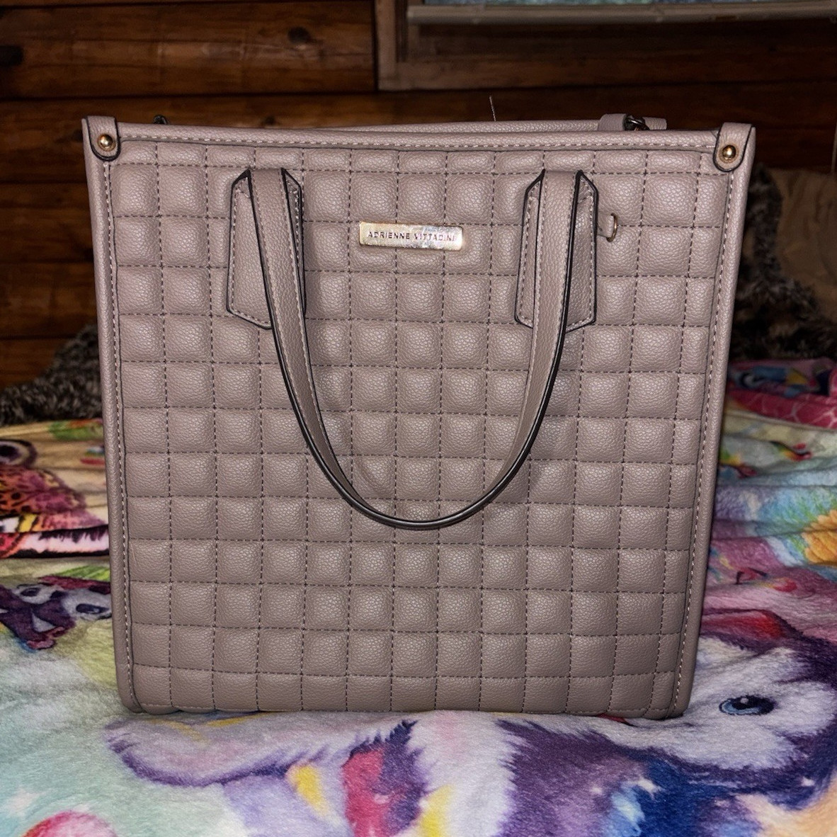 Adrienne Vittadini Gray Quilted Large Tote Magnetic Closure Pockets Strap