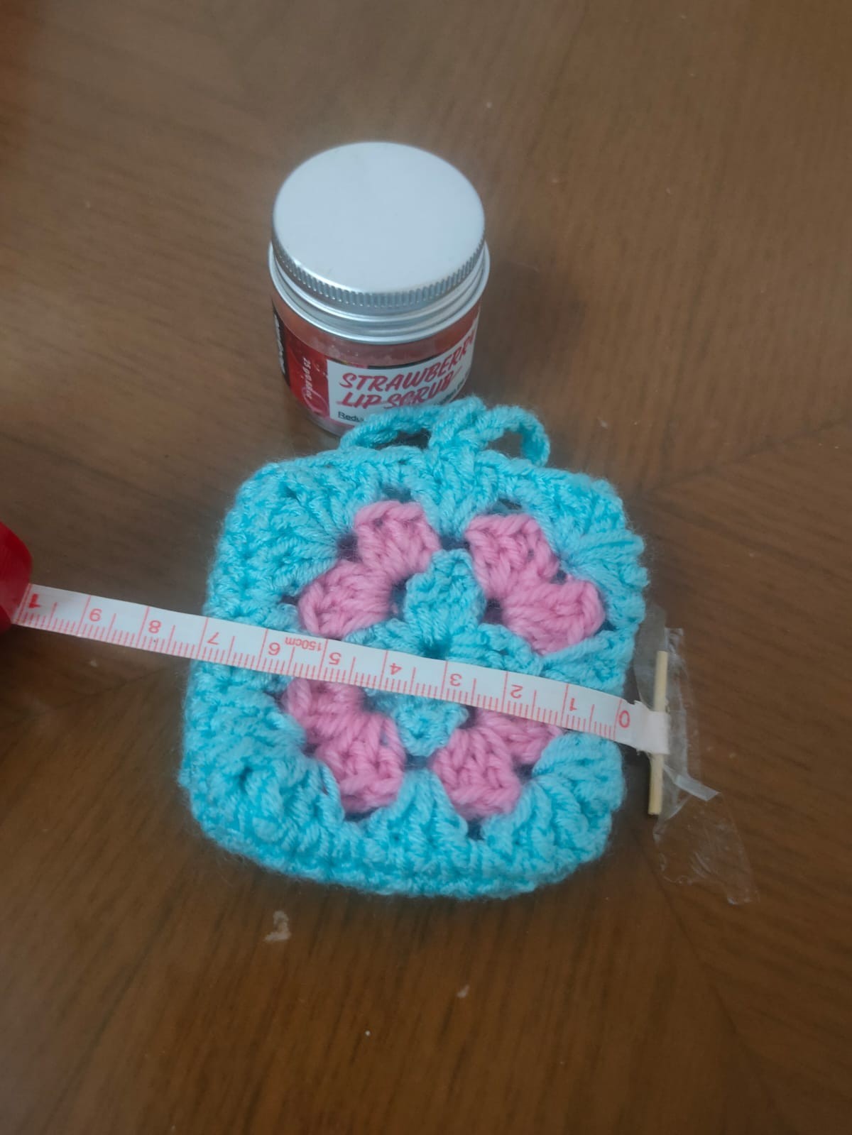 Handmade Crochet Mini Flower Pouch – Blue & Pink Granny Square Coin Purse