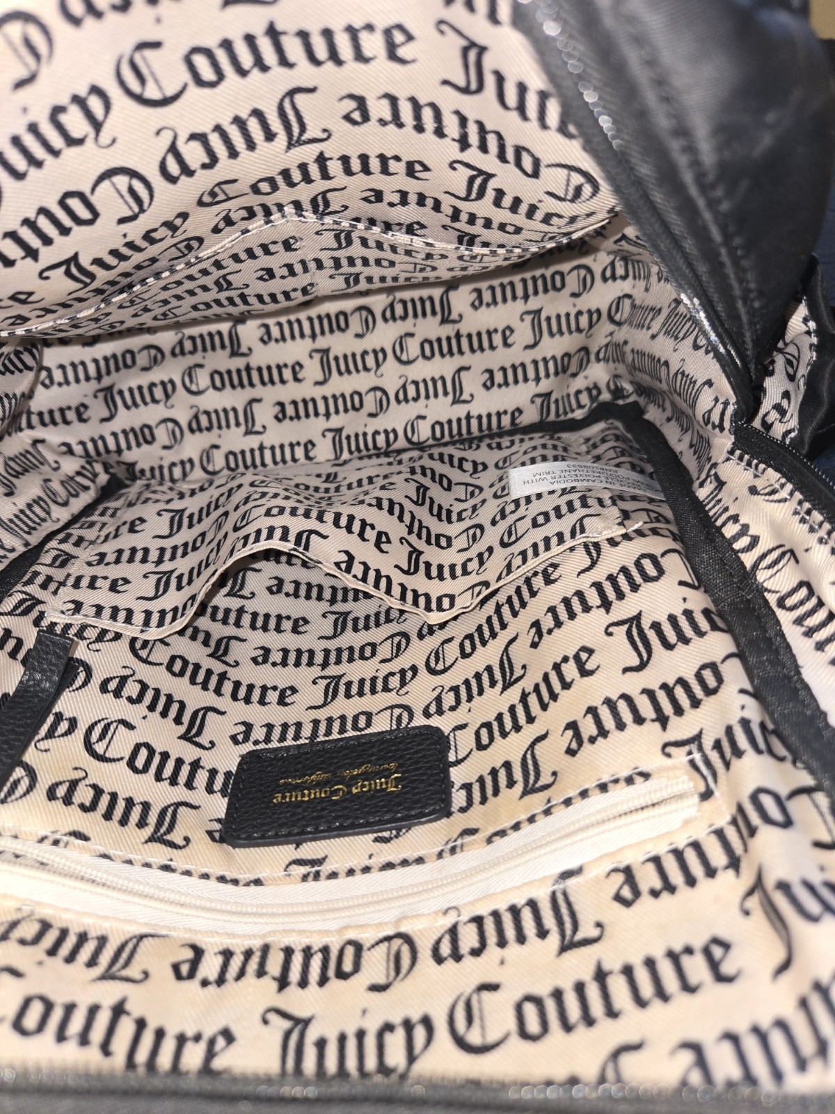 Juicy Couture Black Logo Backpack Gold Hardware Front Zip Charm Lined Pockets