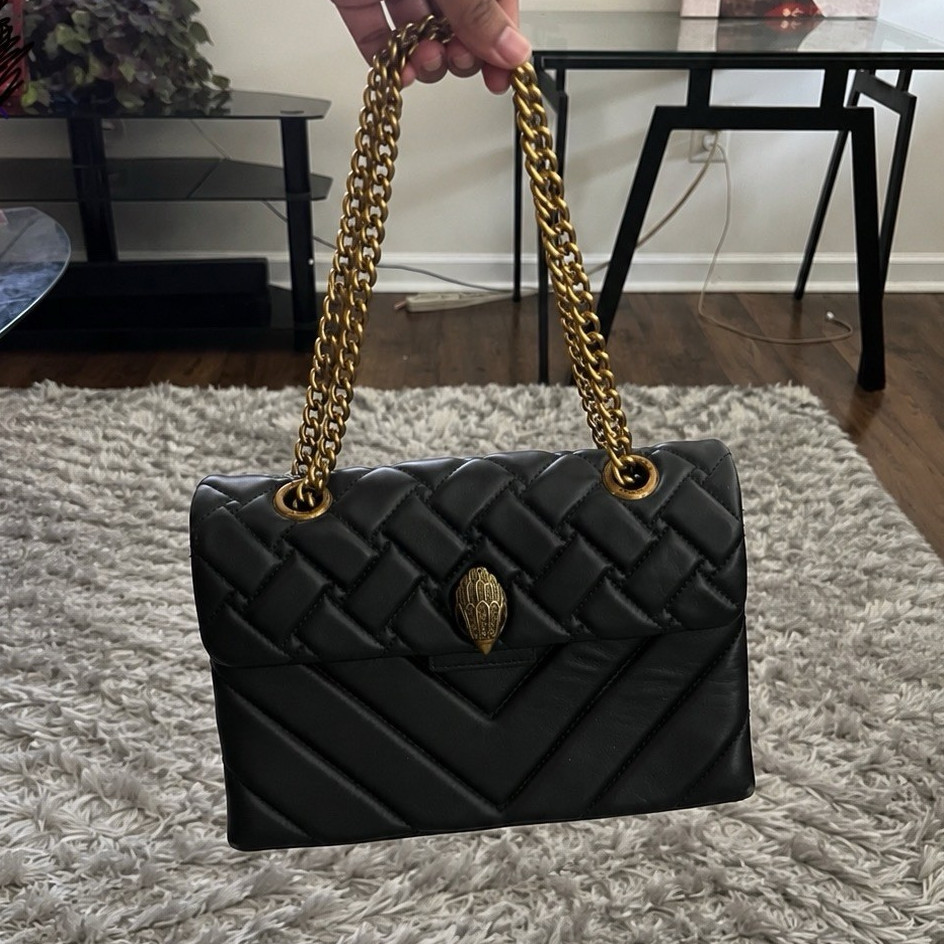 Women’s Black Quilted Chevron Shoulder Bag Gold Chain Strap Snap Closure