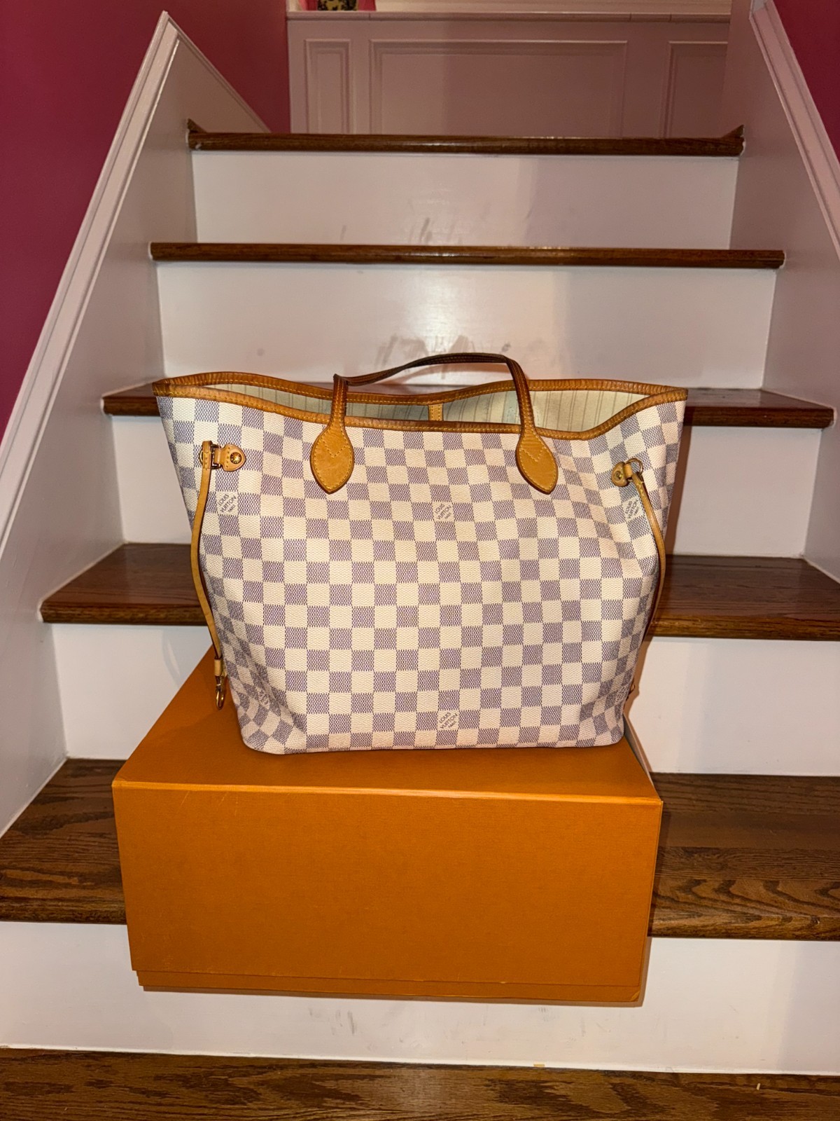 Louis Vuitton Neverfull Damier Azur White Gray Medium Tote Bag w/ Pouch