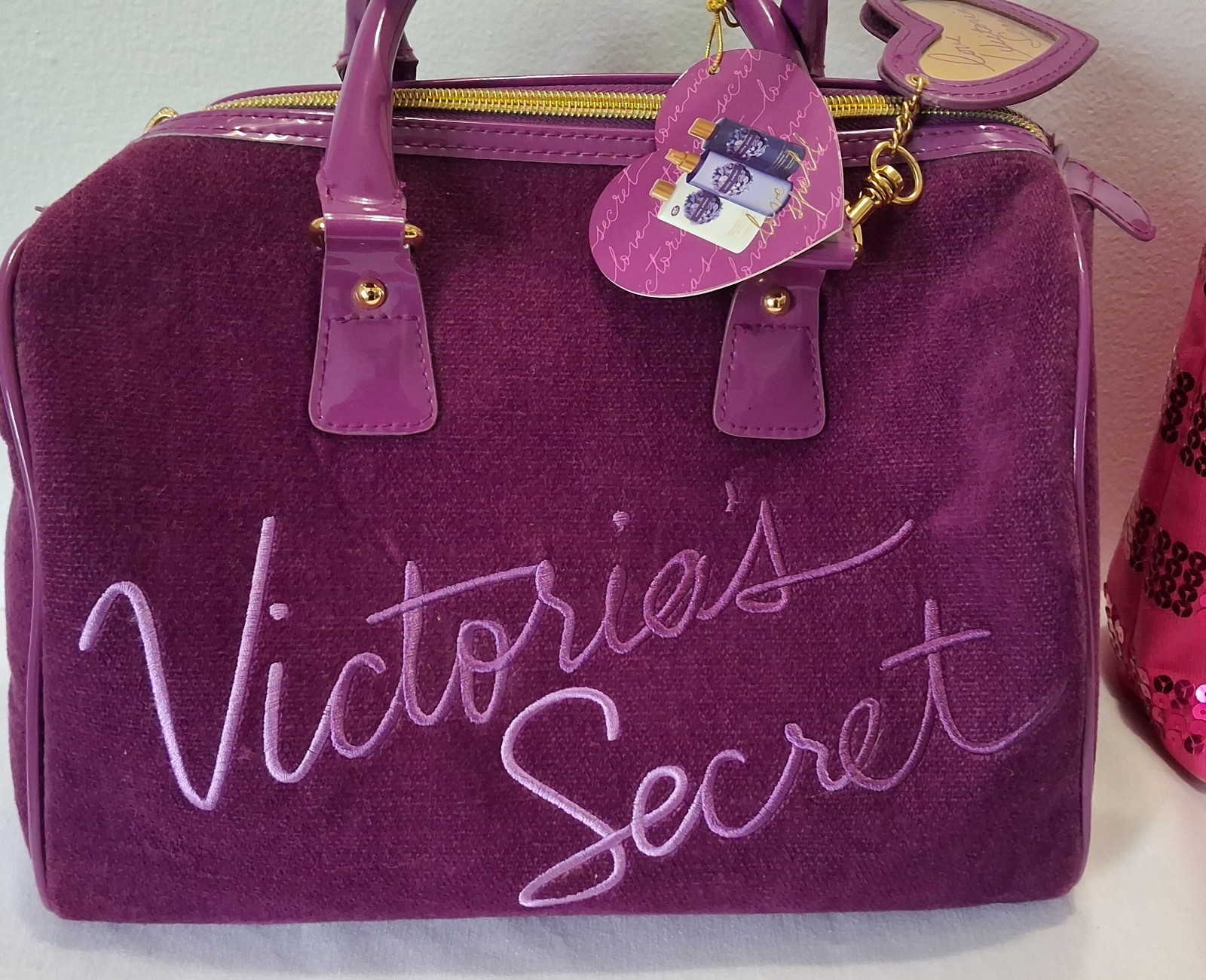 Victoria’s Secret Bag Lot of 2 Purple Velvet Satchel Pink Sequin Tote Handbag