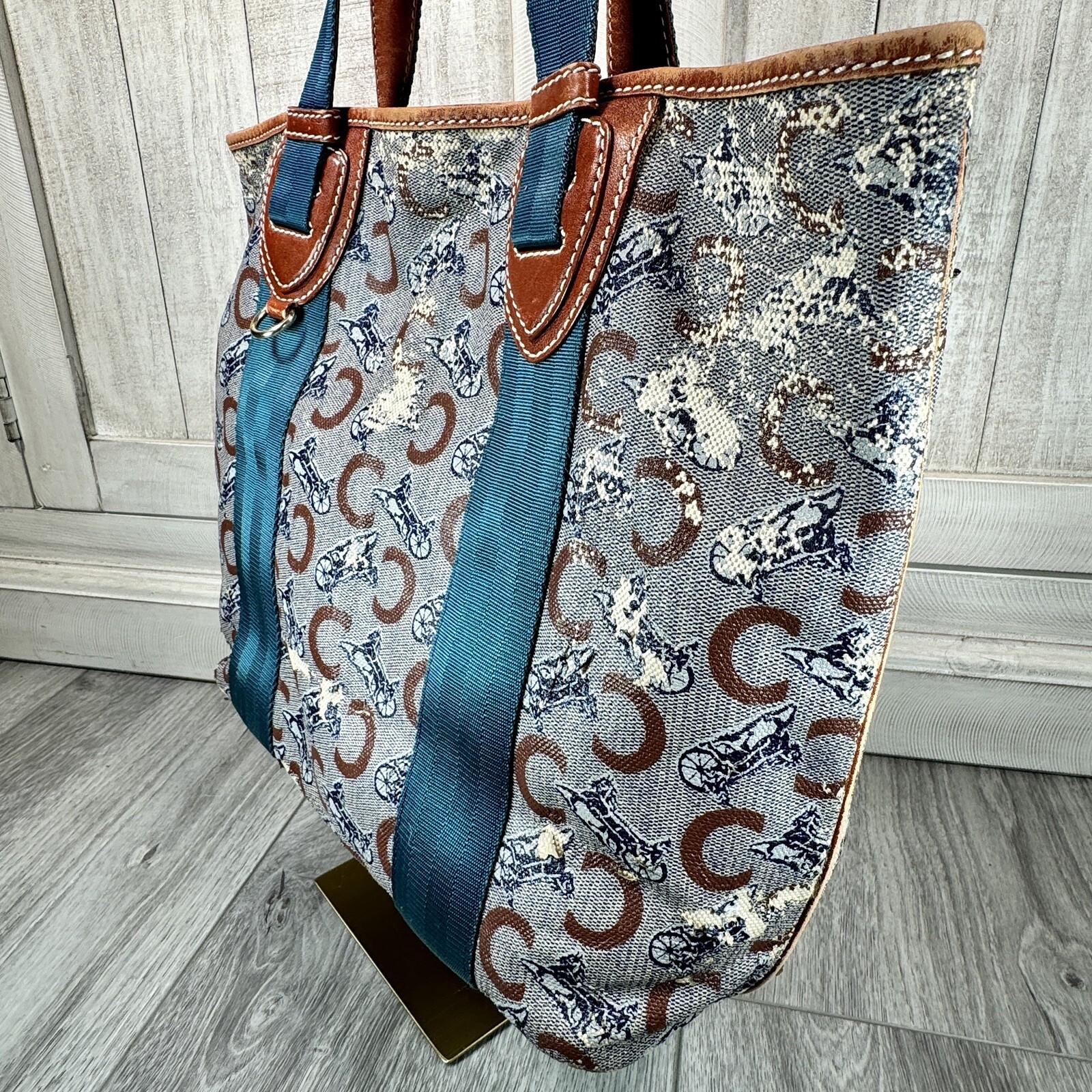 Celine Macadam Pattern Shoulder Bag Tote Authentic Brown Logo Aqua Handles