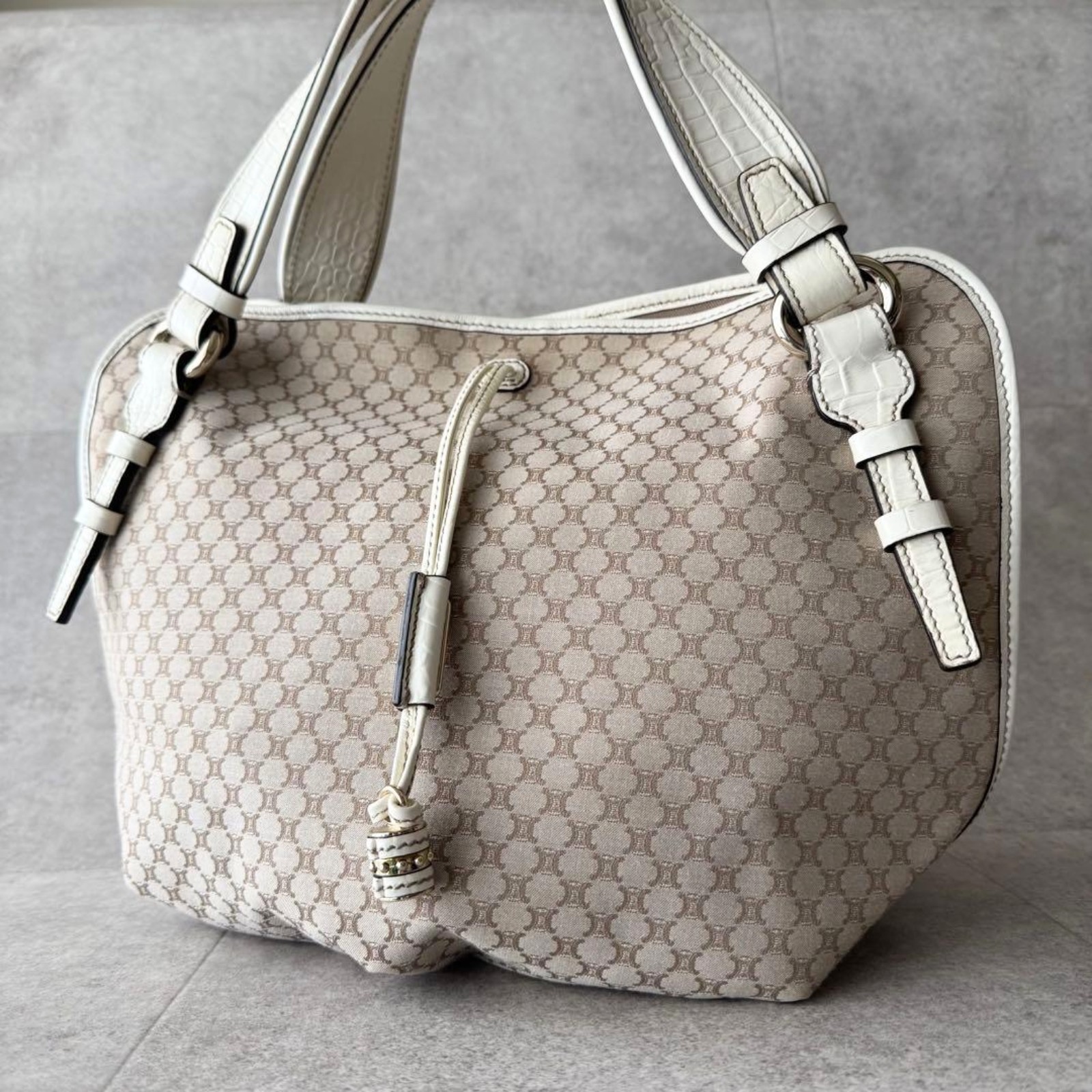 CELINE Bittersweet Tote Bag Macadam Canvas Croc Embossed Leather Ivory Beige
