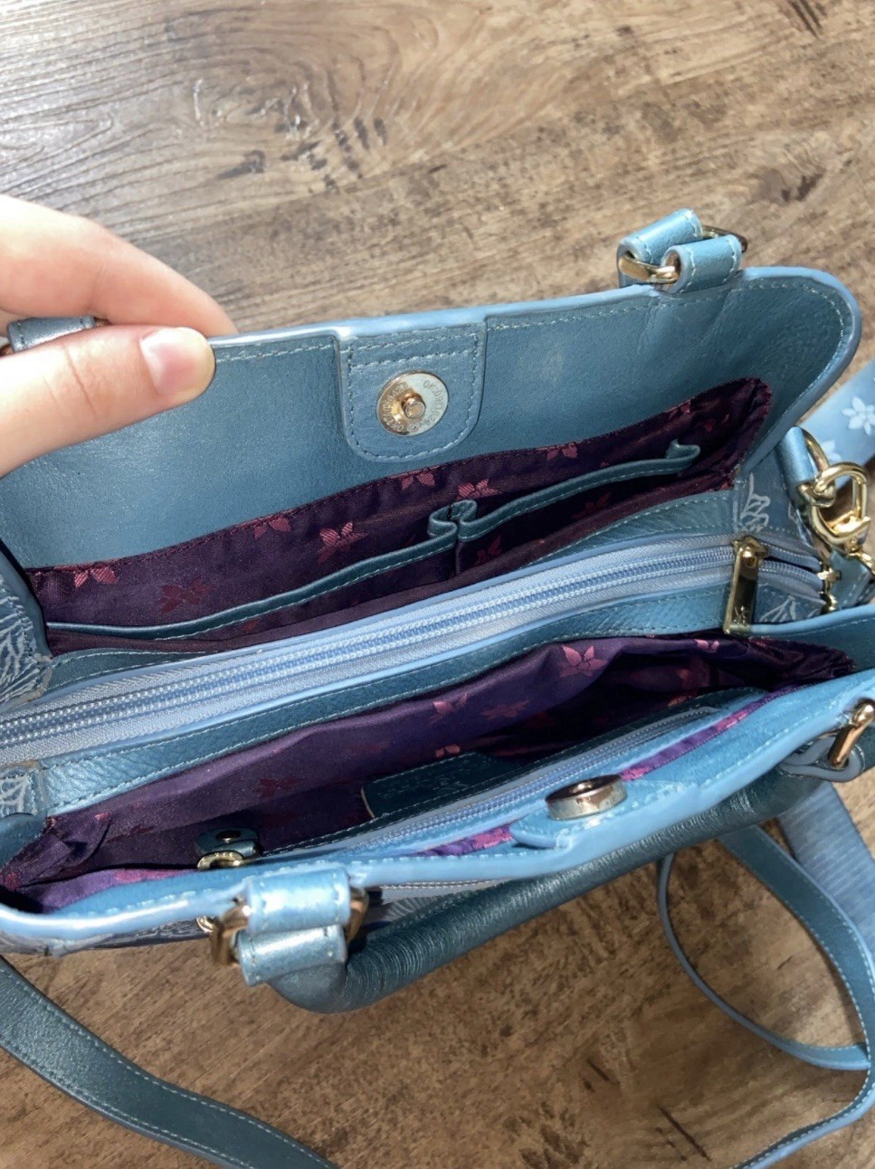 Anuschka Blue Hummingbird Satchel Top Handle Detachable Strap Zip Pockets