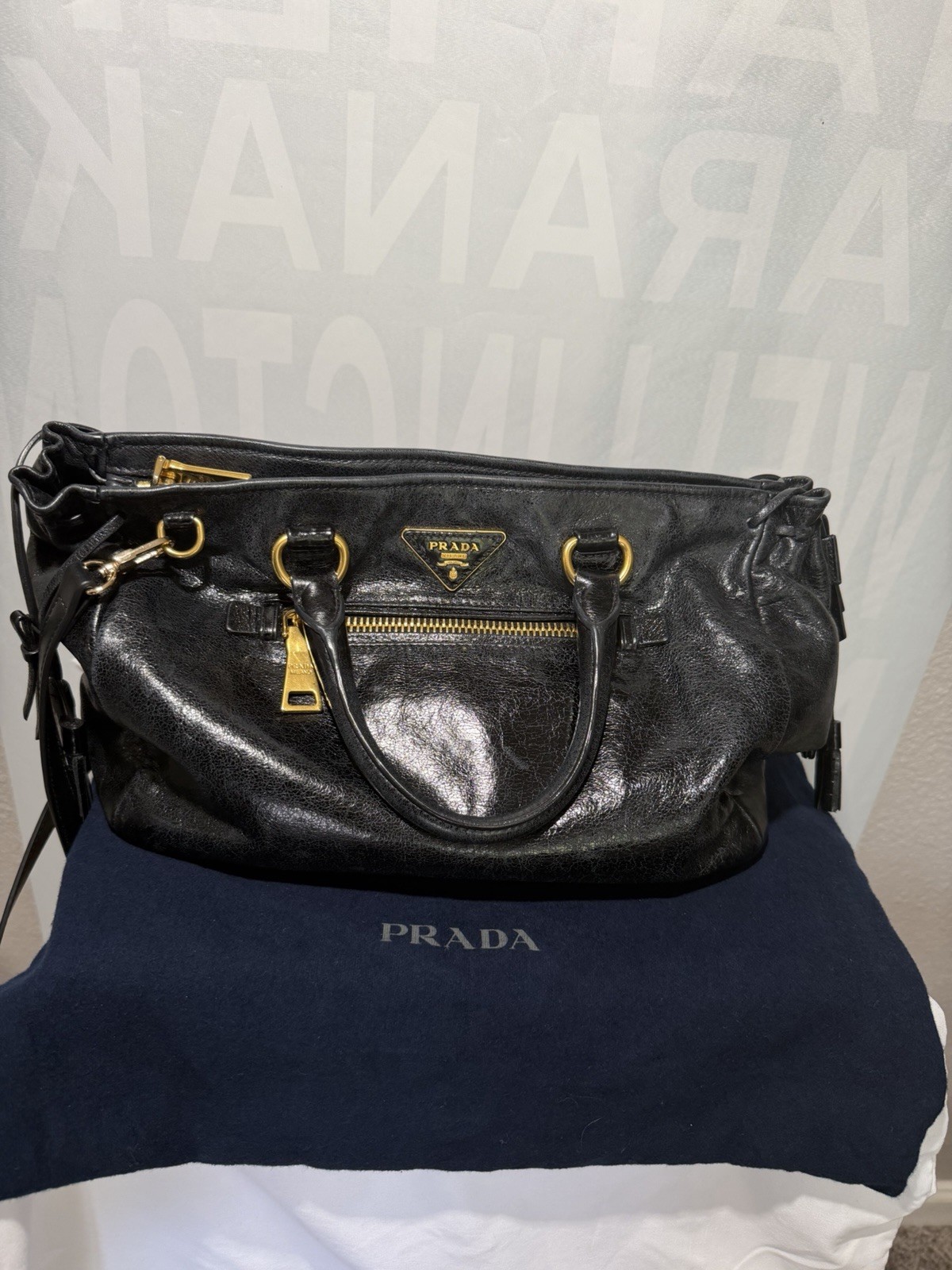 Prada 2way Vitello Shine Leather Handbag with Gold Tone Hardware