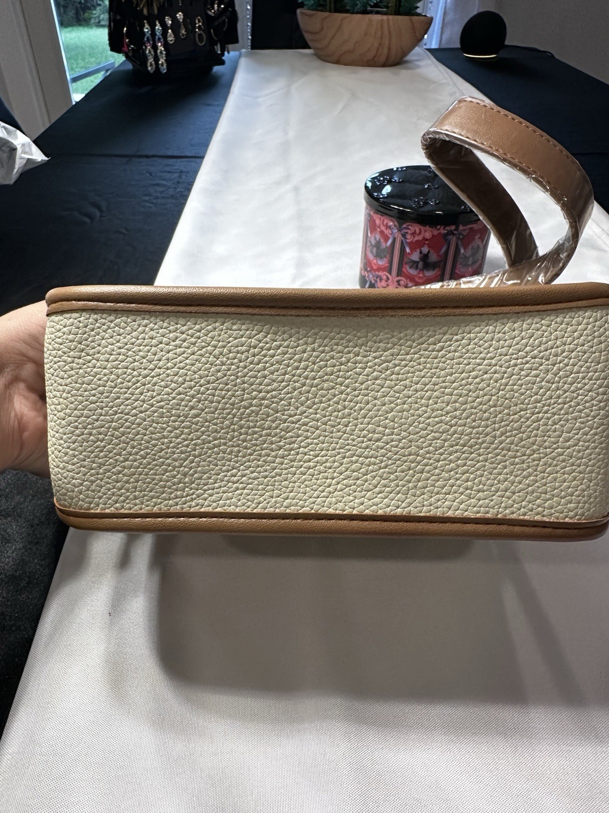 Beige Pebbled Crossbody Bag, Brown Trim Gold Hardware Zip, Flap Pocket