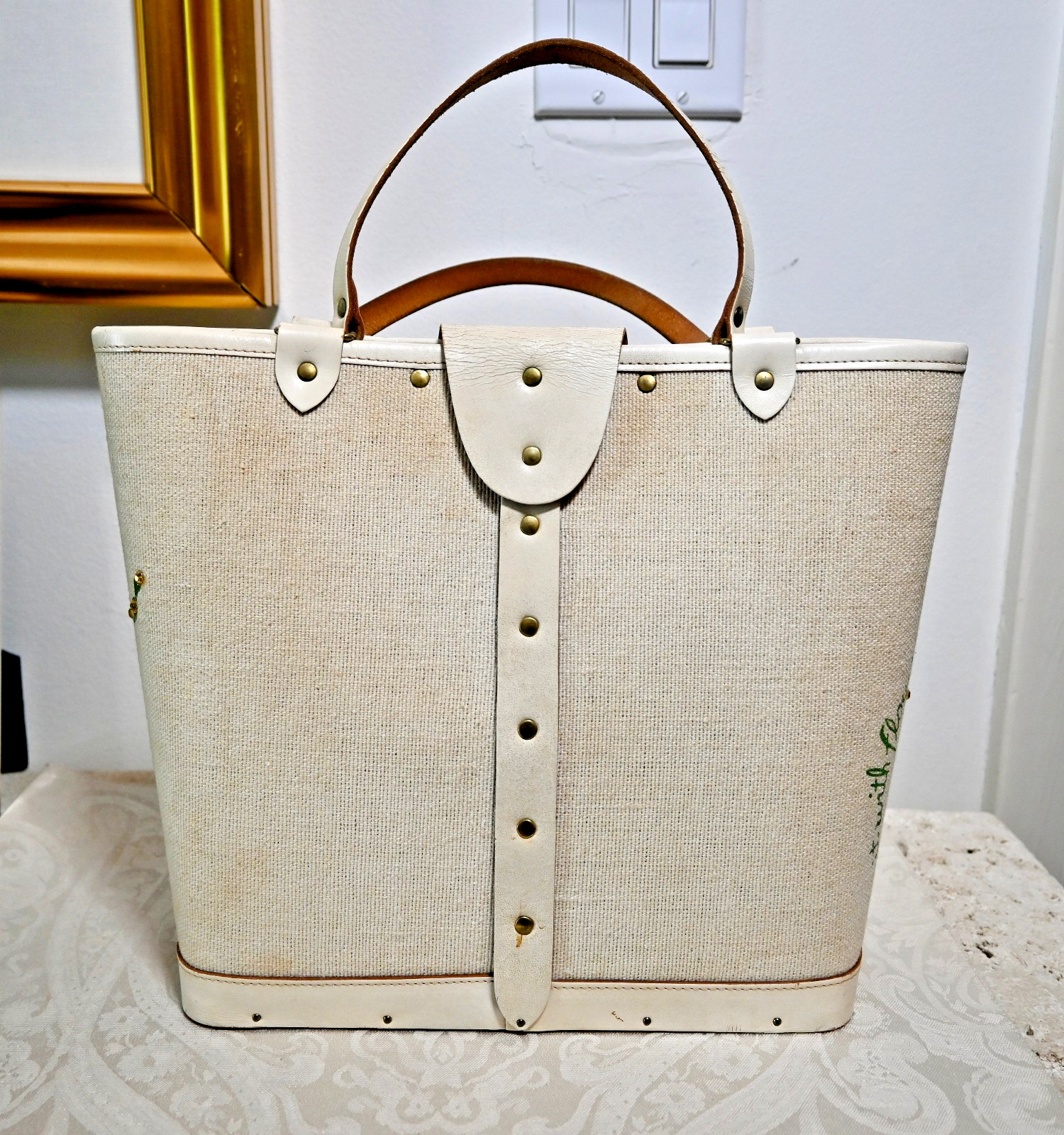 Rare Vintage Collins of Texas Purse Jeweled Flower Tote Bag Wood Base Signed