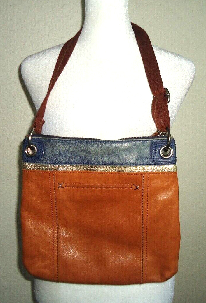 The Sak Kendra Leather Blue And Brown Zipper Crossbody Size-10.5×10.5 in