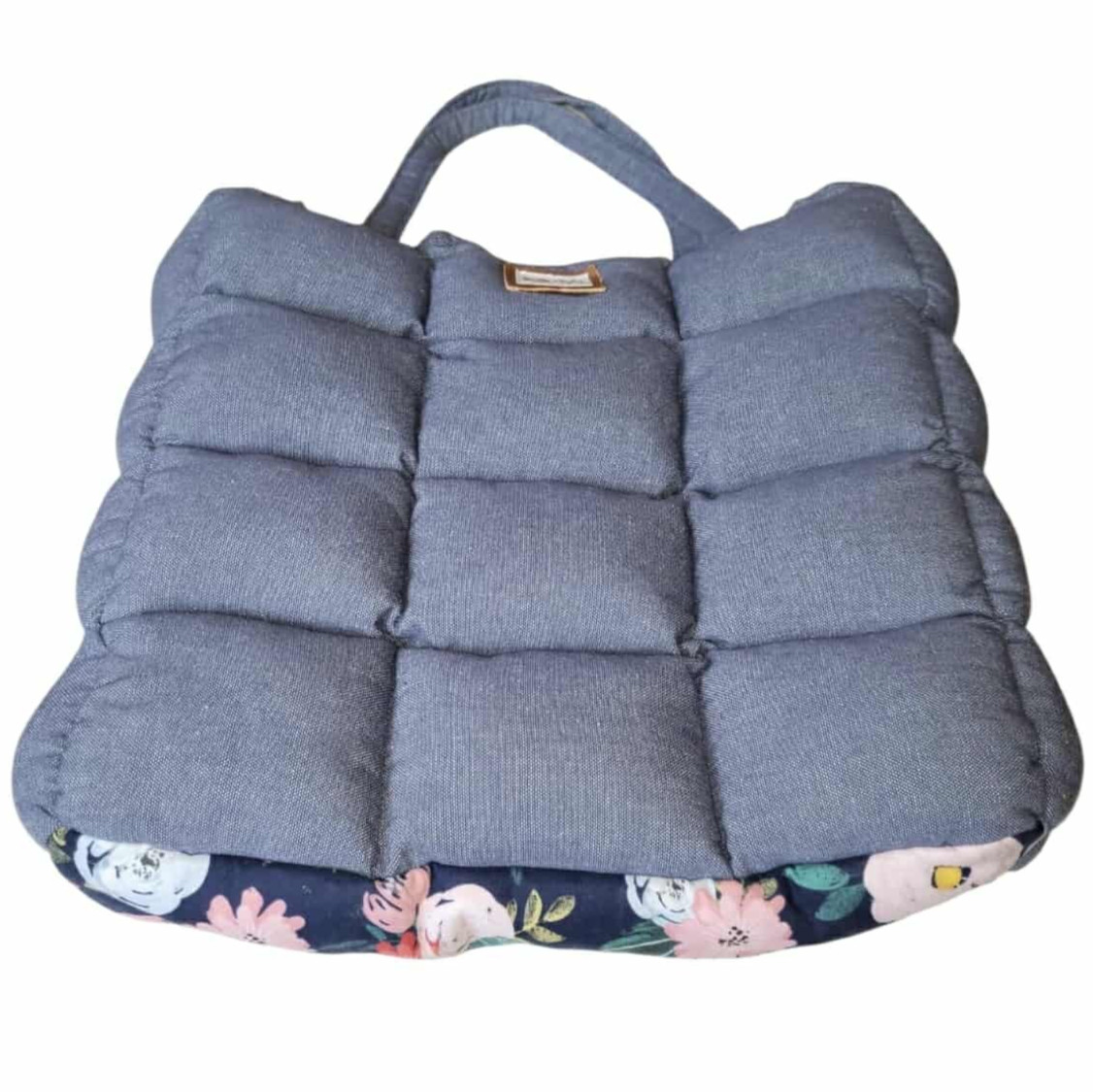 Quilted Tote Bag Puffer w Floral Quilted Interior Denim Colored