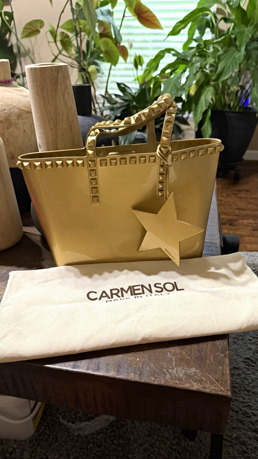 Carmen Sol Gold Metallic Studded Medium Tote Top Handle w/ Star Charm Dust Bag
