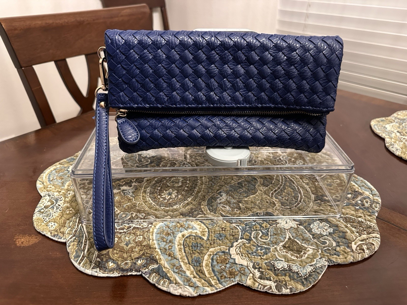 Urban Expressions Aria Clutch Vegan Leather Woven Foldover Flap Textures Blue